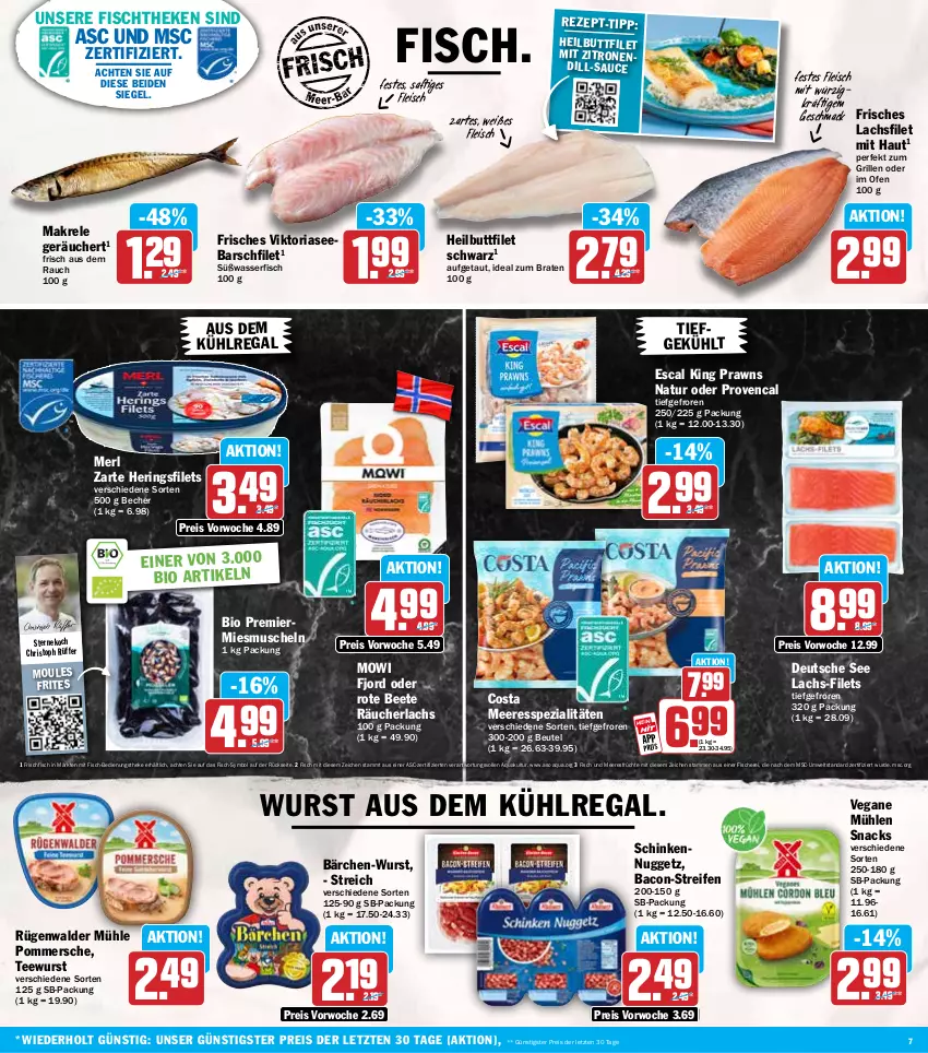 Aktueller Prospekt Hit - Wochenprospekt - von 05.01 bis 10.01.2026 - strona 7 - produkty: aqua, aus dem kühlregal, bacon, Becher, beutel, bio, braten, eis, escal, filet, filets, fisch, Fisch und Meeresfrüchte, fische, Fischer, fischtheke, fleisch, frischfisch, früchte, grill, Heilbuttfilet, hering, Herings, heringsfilets, ideal zum braten, kühlregal, lachs, lachsfilet, mac, Makrele, meeresfrüchte, merl, Muscheln, natur, Ofen, Pommersche, prawns, Rauch, Räucherlachs, regal, reifen, reis, rel, Ria, ring, rügenwalder, rügenwalder mühle, saft, sauce, Schere, schinken, snack, snacks, Spezi, tee, teewurst, Ti, wasser, wurst, zitrone, zitronen, ZTE