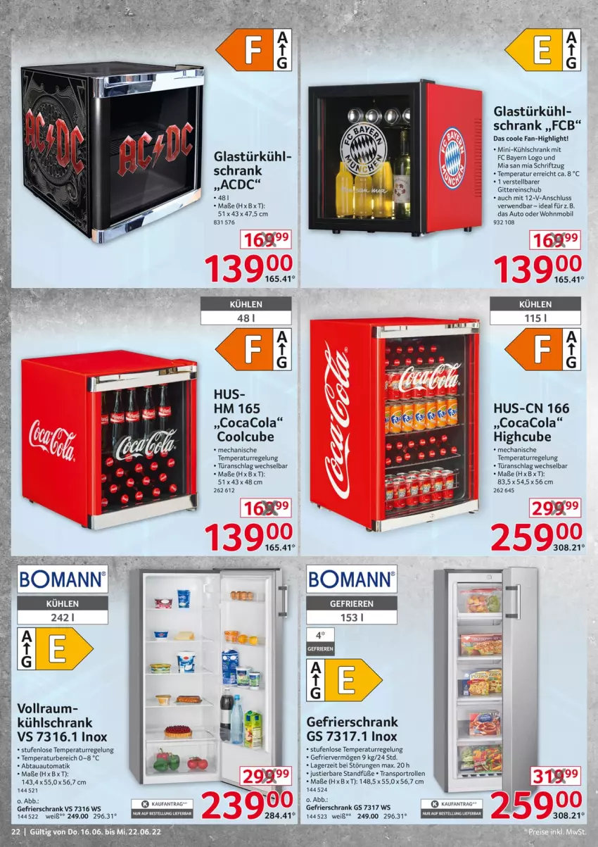 Aktueller Prospekt Selgros - Nonfood - von 16.06 bis 22.06.2022 - strona 22 - produkty: abtauautomatik, auto, bier, bomann, cola, elle, gefrierschrank, Glastür, kühlschrank, kühlschrank mit, rwe, Schrank, Schriftzug, Sport, Stier, Ti, türanschlag wechselbar