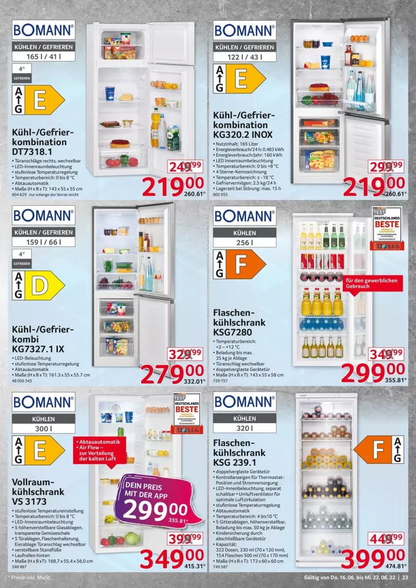 Aktueller Prospekt Selgros - Nonfood - von 16.06 bis 22.06.2022 - strona 23 - produkty: abtauautomatik, auto, beleuchtung, bomann, eier, ente, flasche, Kinder, kühlschrank, led-beleuchtung, Rauch, Schal, Schale, Schrank, tee, thermostat, Ti, türanschlag wechselbar, ventilator