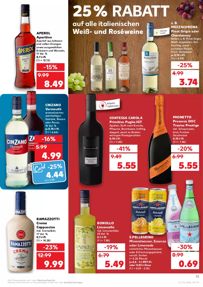 Aktueller Prospekt Kaufland - von 10.03 bis 16.03.2022 - strona 13 - produkty: Alwa, angebot, angebote, aperitif, aperol, beere, braten, brombeere, brut, Cap, cappuccino, chardonnay, cin, cinzano, corona, creme, ecco, eis, elle, erfrischungsgetränk, fisch, fleisch, frucht, getränk, kirsch, kirsche, kräuter, kräutern, likör, limo, limonade, limonen, mac, mezzacorona, mineralwasser, mionetto, natürliches mineralwasser, orange, orangen, pasta, Pastagericht, pflaume, Pinot, pinot grigio, primitivo, prosecco, rama, ramazzott, ramazzotti, roséwein, rotwein, Ti, Vermouth, vorspeise, wasser, wein, weine, Weißwein, zott