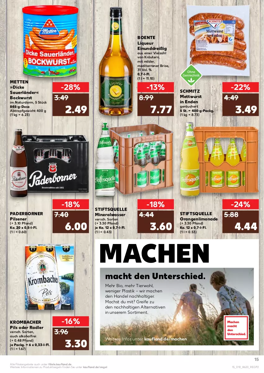 Aktueller Prospekt Kaufland - von 10.03 bis 16.03.2022 - strona 15 - produkty: alkohol, Alwa, angebot, angebote, asti, auer, bio, bockwurst, elle, ente, kräuter, kräutern, krombache, krombacher, krombacher pils, limo, limonade, liqueur, mac, Mett, metten, mettwurst, mineralwasser, natur, oder radler, orange, orangen, pils, pilsener, radler, Ti, wasser, wurst