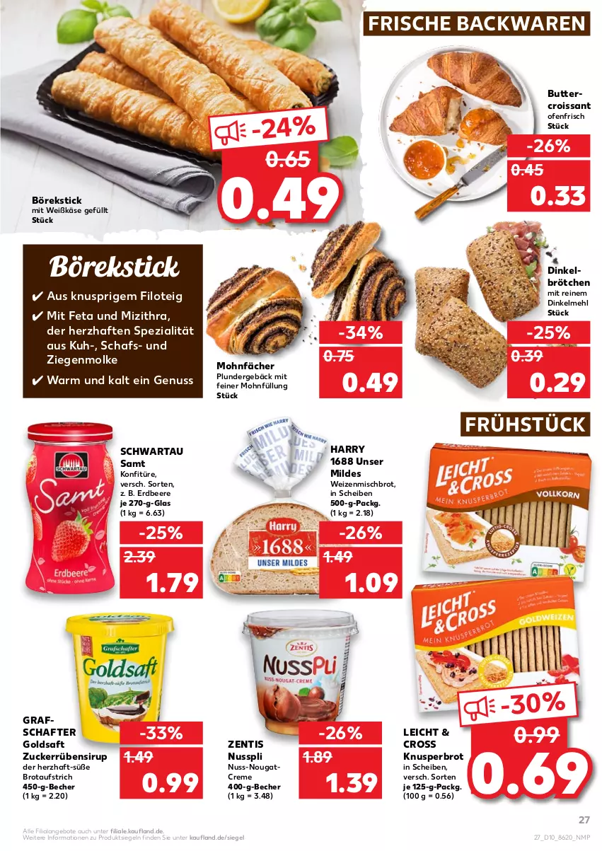 Aktueller Prospekt Kaufland - von 10.03 bis 16.03.2022 - strona 27 - produkty: angebot, angebote, aufstrich, backwaren, Becher, beere, brot, brotaufstrich, brötchen, butter, creme, Croissant, dinkelbrötchen, dinkelmehl, erdbeere, feta, frische backwaren, goldsaft, grafschafter, Käse, konfitüre, mehl, Nougatcreme, nuss, nusspli, Ofen, Plunder, saft, Schwartau, sirup, Spezi, Ti, weizenmischbrot, zentis, zucker