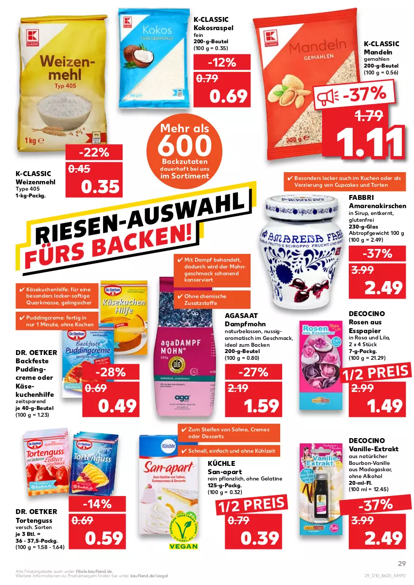 Aktueller Prospekt Kaufland - von 10.03 bis 16.03.2022 - strona 29 - produkty: alkohol, Amarenakirschen, angebot, angebote, auer, beutel, bourbon, cin, creme, dessert, desserts, Dr. Oetker, eis, gelatine, Käse, käsekuchen, kirsch, kirsche, kirschen, kokos, kuchen, mac, mandel, mandeln, mehl, natur, nuss, ohne alkohol, papier, pudding, quark, reis, rosen, saft, sahne, sirup, Ti, tisch, torte, tortenguss, type 405, vanille, weizenmehl