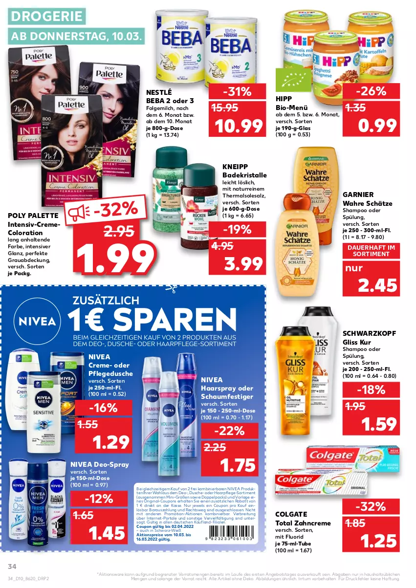 Aktueller Prospekt Kaufland - von 10.03 bis 16.03.2022 - strona 34 - produkty: aktionspreis, angebot, auer, Bad, Badekristalle, Beba, bio, Brei, colgate, colgate total, coupon, coupons, creme, deo, dusche, eis, folgemilch, garnier, gin, gliss, gliss kur, haarpflege, haarspray, hipp, kneipp, LG, milch, natur, nestlé, nivea, oder schaumfestiger, Palette, pflegedusche, reis, salz, schaumfestiger, schwarzkop, schwarzkopf, shampoo, shampoo oder spülung, spülung, Ti, Wahre Schätze, zahncreme, ZTE