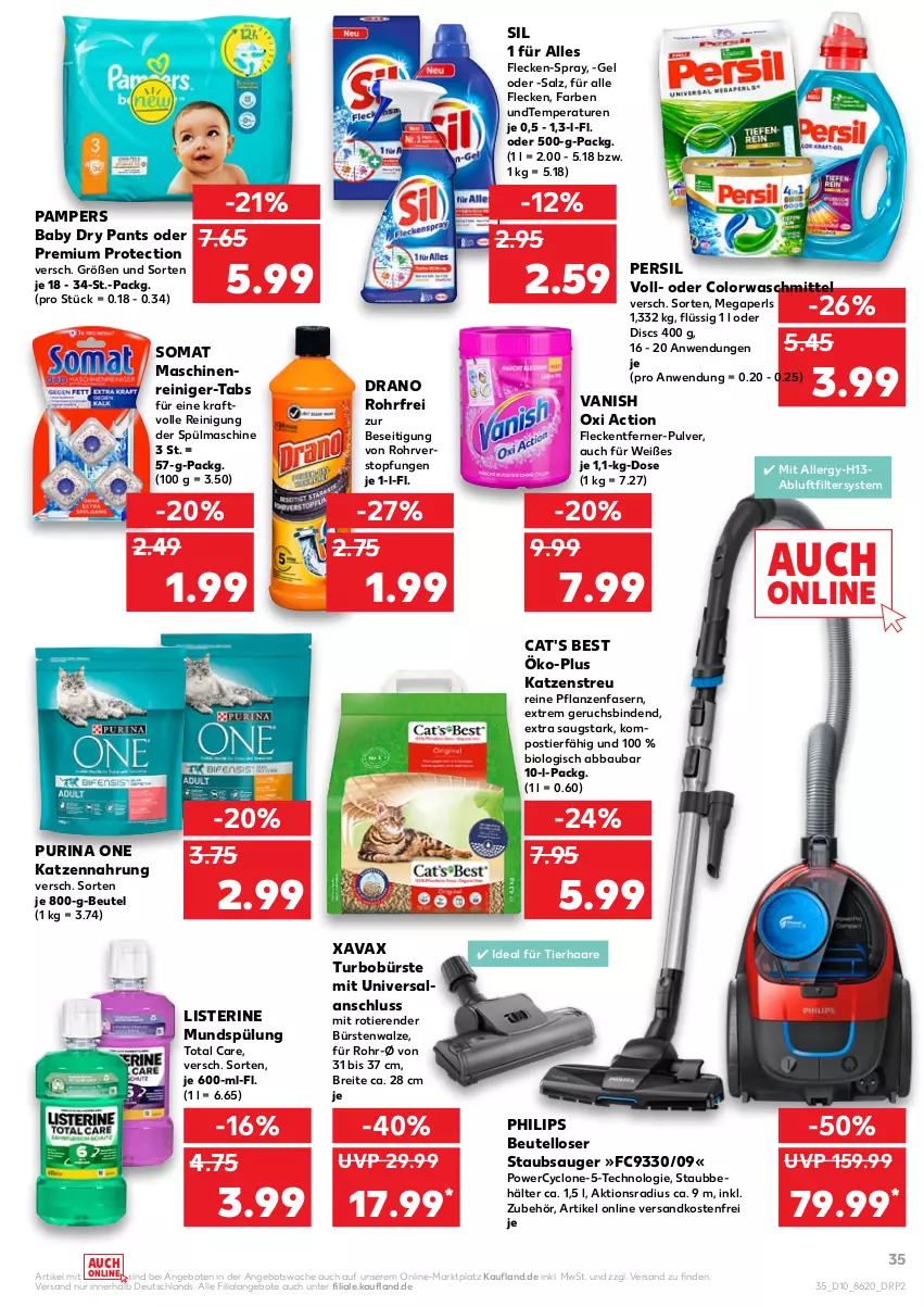 Aktueller Prospekt Kaufland - von 10.03 bis 16.03.2022 - strona 35 - produkty: Abba, angebot, angebote, Bau, Behälter, beutel, binden, bio, Brei, bürste, bürsten, colorwaschmittel, fleckentferner, katzennahrung, Katzenstreu, kraft, listerine, maschinenreiniger, megaperls, mundspülung, ndk, oxi action, pampers, pampers baby dry, Pants, persil, pflanze, pflanzen, Philips, purina, reiniger, Reinigung, salz, somat, spülung, staubsauger, Stier, Ti, Tiere, topf, total care, vanish, vanish oxi action, versandkostenfrei, waschmittel, Xavax