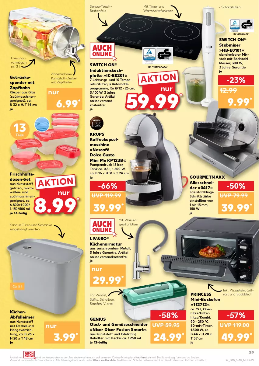 Aktueller Prospekt Kaufland - von 10.03 bis 16.03.2022 - strona 39 - produkty: Abfalleimer, angebot, angebote, armatur, auto, backofen, Behälter, decke, Deckel, dolce gusto, edelstahl, edelstahlmesser, eimer, eis, elle, erde, frischhaltedosen, getränk, getränke, getränkespender, gourmetmaxx, grill, grillrost, HP, kaffee, Kapselmaschine, krups, küche, Küchen, latte, leimer, messer, mikrowelle, Mixer, ndk, Nescafé, obst, Ofen, pizza, reifen, Schal, schuhe, spülmaschinen, stabmixer, stifte, Ti, timer, und gemüse, versandkostenfrei, wasser, würfel