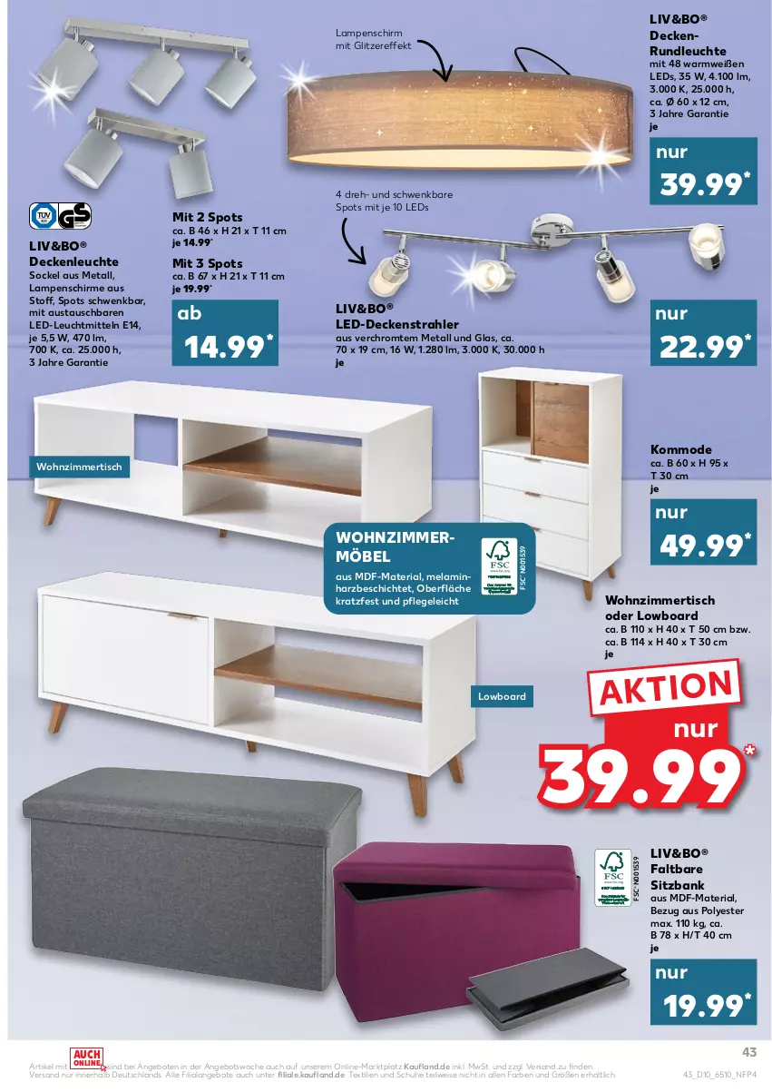 Aktueller Prospekt Kaufland - von 10.03 bis 16.03.2022 - strona 43 - produkty: angebot, angebote, aust, Bank, decke, deckenleuchte, eis, kommode, Lampe, Lampenschirm, leds, Leuchte, leuchtmittel, lowboard, möbel, Mode, Ria, schirme, schuhe, sitzbank, Ti, tisch