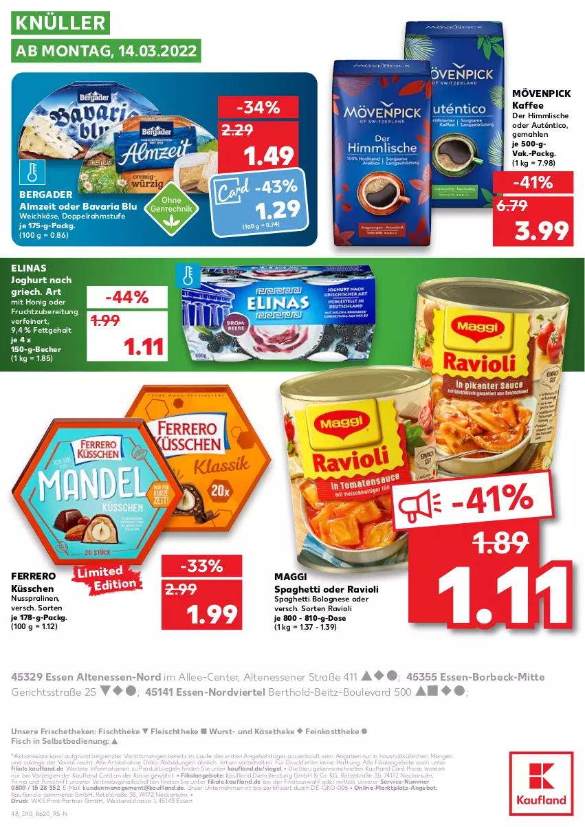 Aktueller Prospekt Kaufland - von 10.03 bis 16.03.2022 - strona 48 - produkty: angebot, angebote, bavaria blu, Becher, bergader, bio, bolognese, doppelrahmstufe, eis, elinas, elinas joghurt, ente, erde, feinkost, feinkosttheke, ferrero, Ferrero Küsschen, fisch, fischtheke, fleisch, frucht, honig, joghur, joghurt, joghurt nach, kaffee, Käse, käsetheke, maggi, mövenpick, mövenpick kaffee, nuss, pralinen, ravioli, reis, Ria, spaghetti, spaghetti bolognese, Ti, weichkäse, Weste, wurst, ZTE