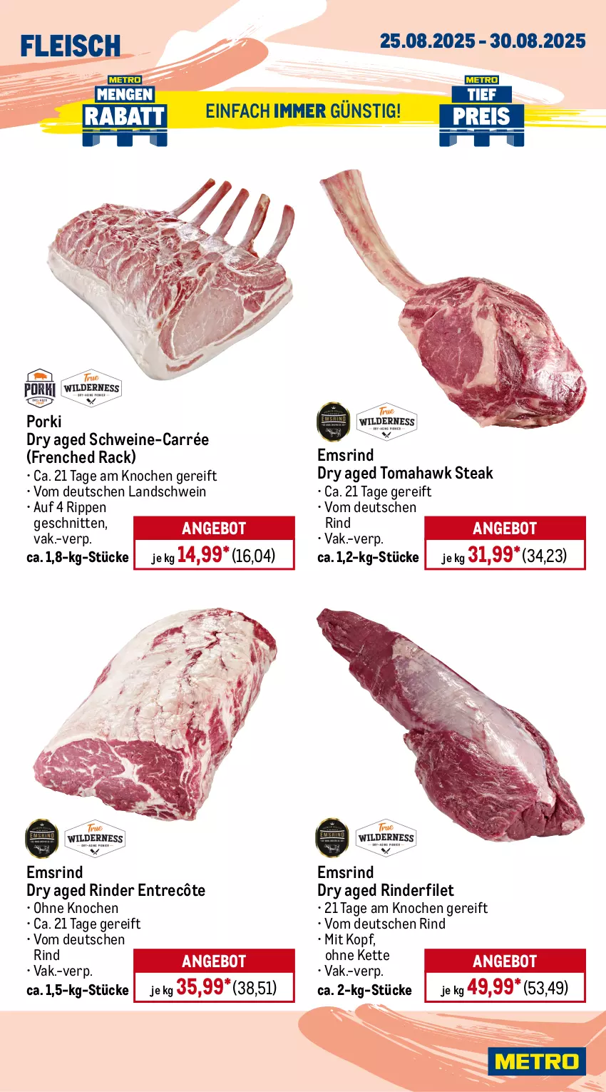 Aktueller Prospekt Metro - Wochen-Angebote Gastro - von 25.08 bis 30.08.2025 - strona 4 - produkty: Abtei, angebot, angebote, aqua, eis, elle, entrecôte, filet, fisch, fischtheke, fleisch, forelle, frischfisch, garnelen, Heilbuttfilet, Kette, lachs, lachsfilet, lack, Metro, reis, rel, rind, rinder, rinderfilet, Rippen, Schal, Schale, schnitten, schwein, schweine, seelachsfilet, steak, teppich, Ti, tiefpreis, wein, weine, Wild