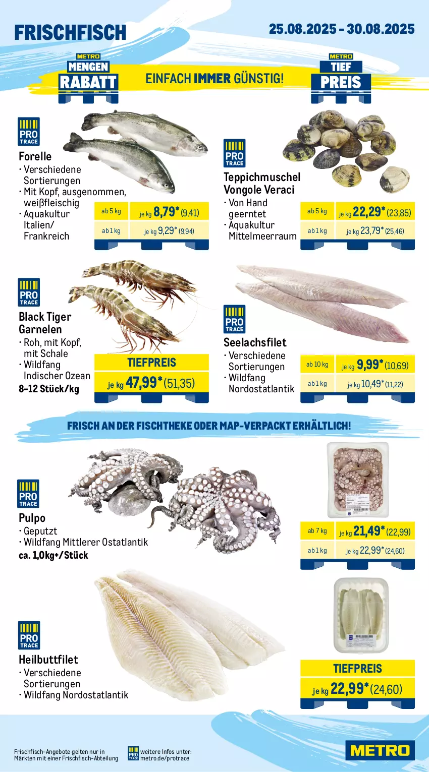 Aktueller Prospekt Metro - Wochen-Angebote Gastro - von 25.08 bis 30.08.2025 - strona 6 - produkty: Abtei, angebot, angebote, aqua, eis, elle, entrecôte, filet, fisch, fischtheke, fleisch, forelle, frischfisch, garnelen, Heilbuttfilet, Kette, lachs, lachsfilet, lack, Metro, reis, rel, rind, rinder, rinderfilet, Rippen, Schal, Schale, schnitten, schwein, schweine, seelachsfilet, steak, teppich, Ti, tiefpreis, wein, weine, Wild