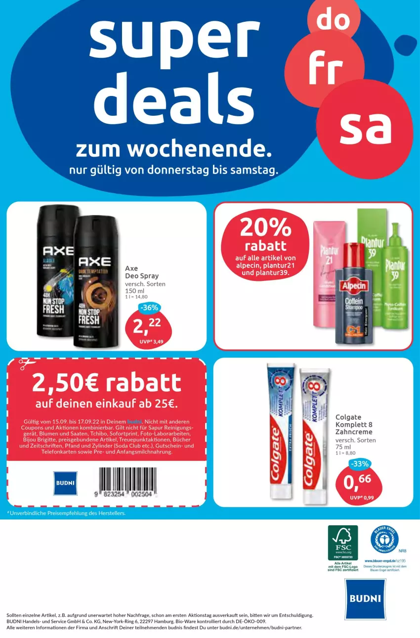 Aktueller Prospekt Budni - Prospekte - von 12.09 bis 17.09.2022 - strona 12 - produkty: auer, axe, bio, colgate, creme, deo, deo spray, drucker, eis, elle, Engel, kerze, LG, reis, ring, tee, teller, Ti, trolli, Yo, zahncreme