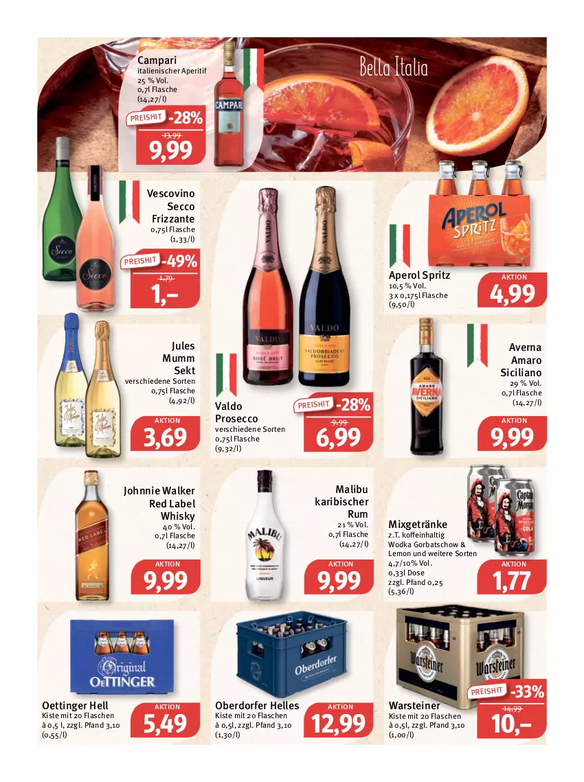 Aktueller Prospekt Feneberg - Prospekte - von 09.06 bis 11.06.2022 - strona 12 - produkty: amaro, aperitif, aperol, averna, campari, ecco, eis, elle, flasche, frizzante, getränk, getränke, Gorbatschow, johnnie walker, jules mumm, Malibu, Mixgetränk, mumm, oettinger, prosecco, reis, rum, sekt, steiner, Ti, valdo, vescovino, warsteiner, whisky, wodka