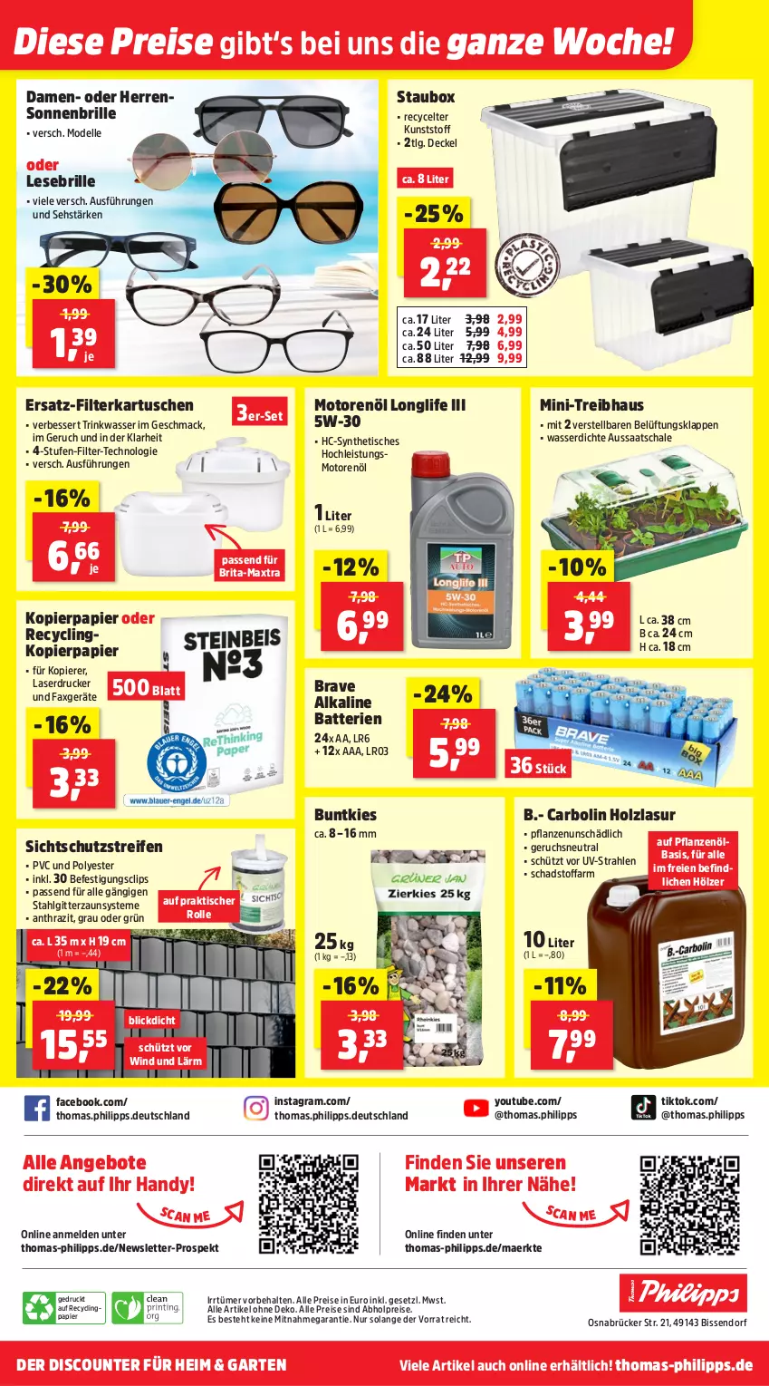 Aktueller Prospekt Thomas Philipps - von 22.04 bis 26.04.2025 - strona 12 - produkty: abholpreise, alle preise sind abholpreise, angebot, angebote, batterie, batterien, Brille, brita, Clin, decke, Deckel, dell, discount, drucker, eis, elle, filterkartuschen, Garten, Handy, Holz, holzlasur, kopierpapier, Laserdrucker, LG, longlife, mac, Maxtra, Mode, motorenöl, papier, passend für alle, pflanze, pflanzen, Pflanzenöl, reifen, reis, Schal, Schale, sonnenbrille, Ti, tisch, wasser, Yo