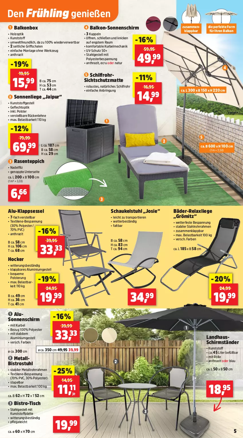 Aktueller Prospekt Thomas Philipps - von 22.04 bis 26.04.2025 - strona 5 - produkty: alu-klappsessel, aluminiumgestell, ente, hocker, Holz, klappsessel, latte, LG, Liege, natur, rasen, rel, ring, rückenlehne, rwe, Schal, Schale, Schaukel, schirmständer, sessel, sonnenliege, sonnenschirm, Sport, stuhl, teppich, Ti, Tiere, tisch, uv-schutz, werkzeug