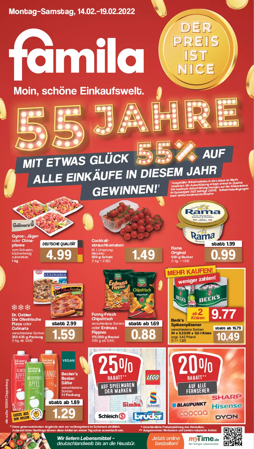 Aktueller Prospekt Famila - Prospekte - von 14.02 bis 19.02.2022 - strona 1 - produkty: angebot, angebote, aust, Becher, beutel, chips, chipsfrisch, cocktail, culinaria, die ofenfrische, Dr. Oetker, eis, elle, erdnuss, fernseher, flippies, funny-frisch, gin, gyros, küche, Küchen, lebensmittel, LG, nuss, Ofen, pfanne, pils, pilsener, pizza, rama, Rauch, reis, Ria, säfte, Schal, Schale, schwein, spielwaren, strauchtomaten, teller, Ti, tomate, tomaten, wein