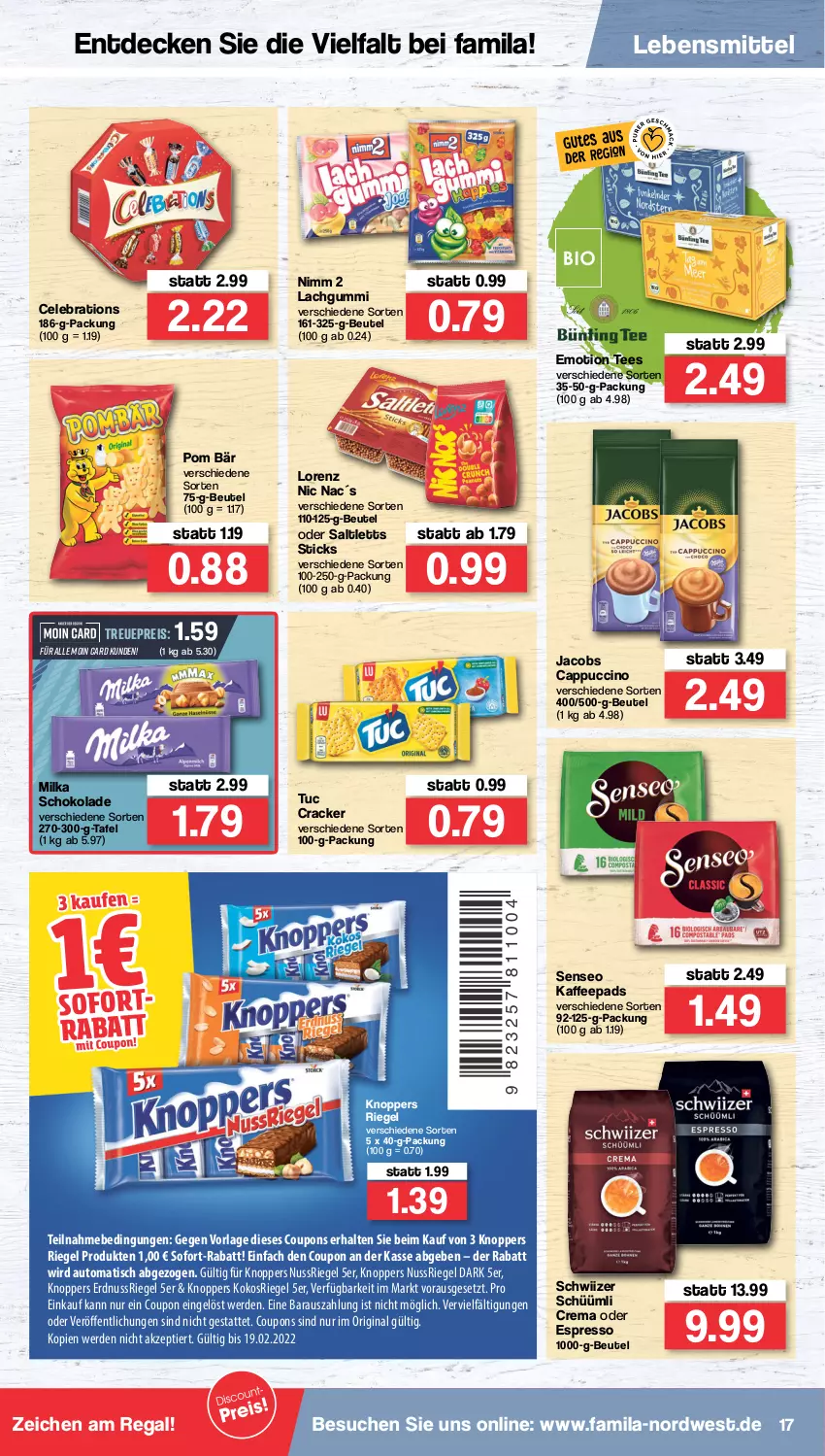 Aktueller Prospekt Famila - Prospekte - von 14.02 bis 19.02.2022 - strona 17 - produkty: auto, beutel, Cap, cappuccino, cin, coupon, coupons, cracker, decke, eis, erde, erdnuss, espresso, gin, jacobs, kaffee, kaffeepads, knoppers, kokos, lachgummi, lebensmittel, lorenz, milka, milka schokolade, Nimm 2, nuss, nussriegel, oder espresso, regal, reis, riegel, saltletts, schoko, schokolade, senseo, sofort-rabatt, tee, Ti, tisch, tuc