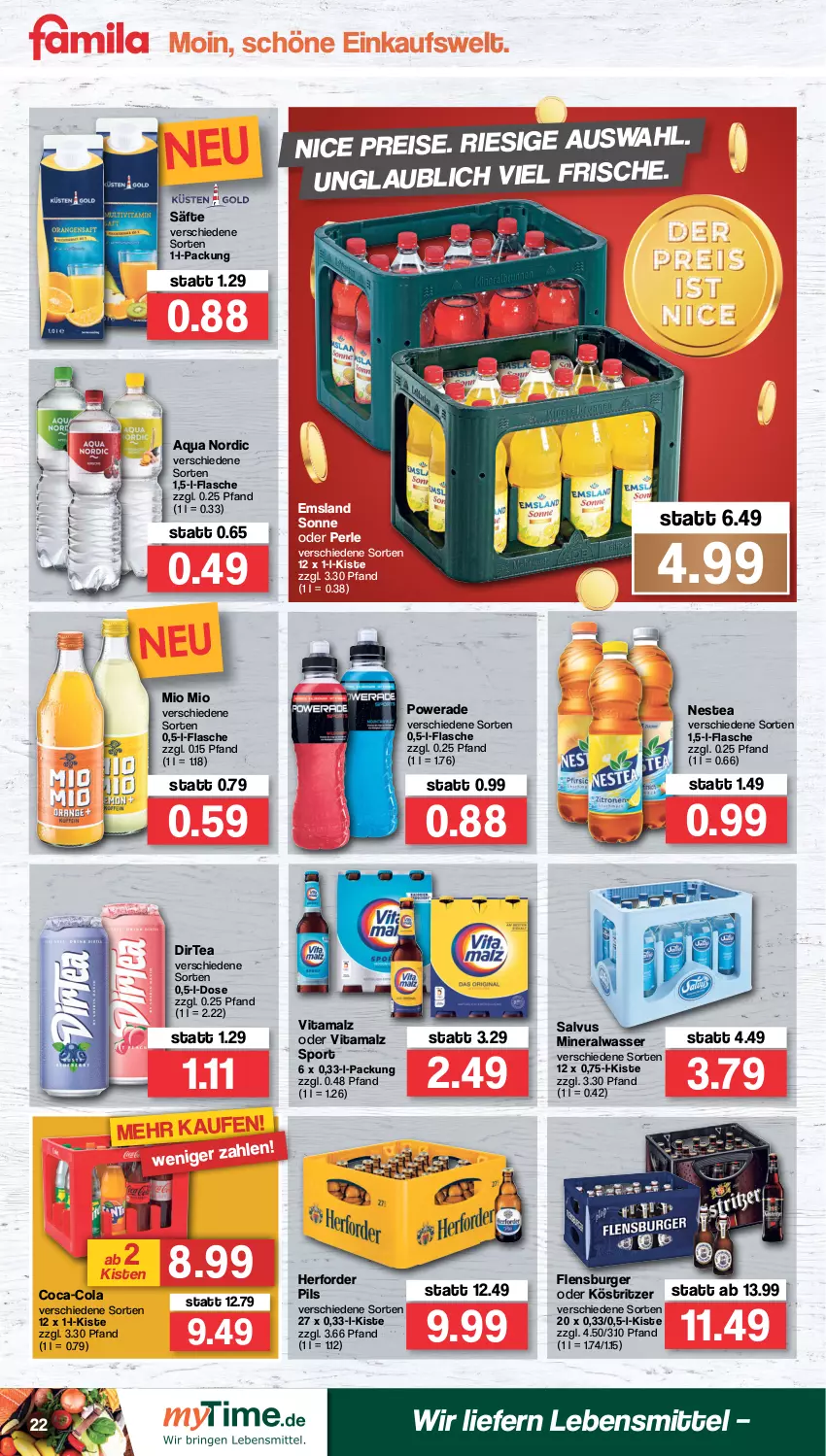 Aktueller Prospekt Famila - Prospekte - von 14.02 bis 19.02.2022 - strona 22 - produkty: Alwa, aqua, burger, coca-cola, cola, eis, flasche, flensburger, köstritzer, lebensmittel, malz, mineralwasser, Mio Mio, Nestea, pils, reis, säfte, Sport, vita, vitamalz, wasser