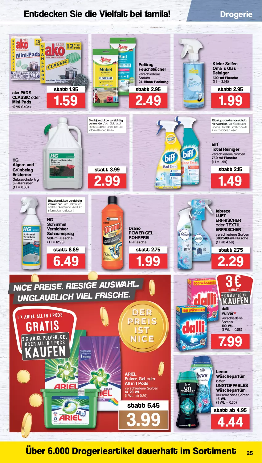 Aktueller Prospekt Famila - Prospekte - von 14.02 bis 19.02.2022 - strona 25 - produkty: ariel, auer, biff, bio, biozidprodukte, dalli, decke, eis, febreze, feuchttücher, flasche, lenor, LG, Pods, power-gel, Rauch, reiniger, reis, rwe, Seife, Ti, tücher, wäscheparfüm