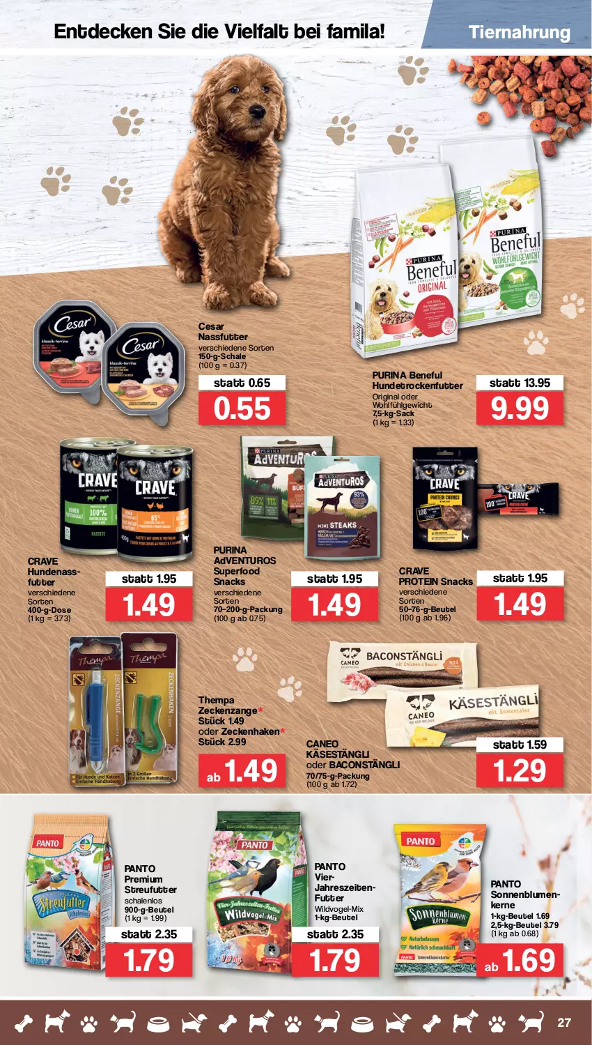 Aktueller Prospekt Famila - Prospekte - von 14.02 bis 19.02.2022 - strona 27 - produkty: adventuros, bacon, beutel, blume, blumen, decke, gin, Käse, LG, nassfutter, purina, sac, Schal, Schale, snack, snacks, sonnenblume, sonnenblumen, Sonnenblumenkerne, Streufutter, Ti, tiernahrung, trockenfutter, Wild