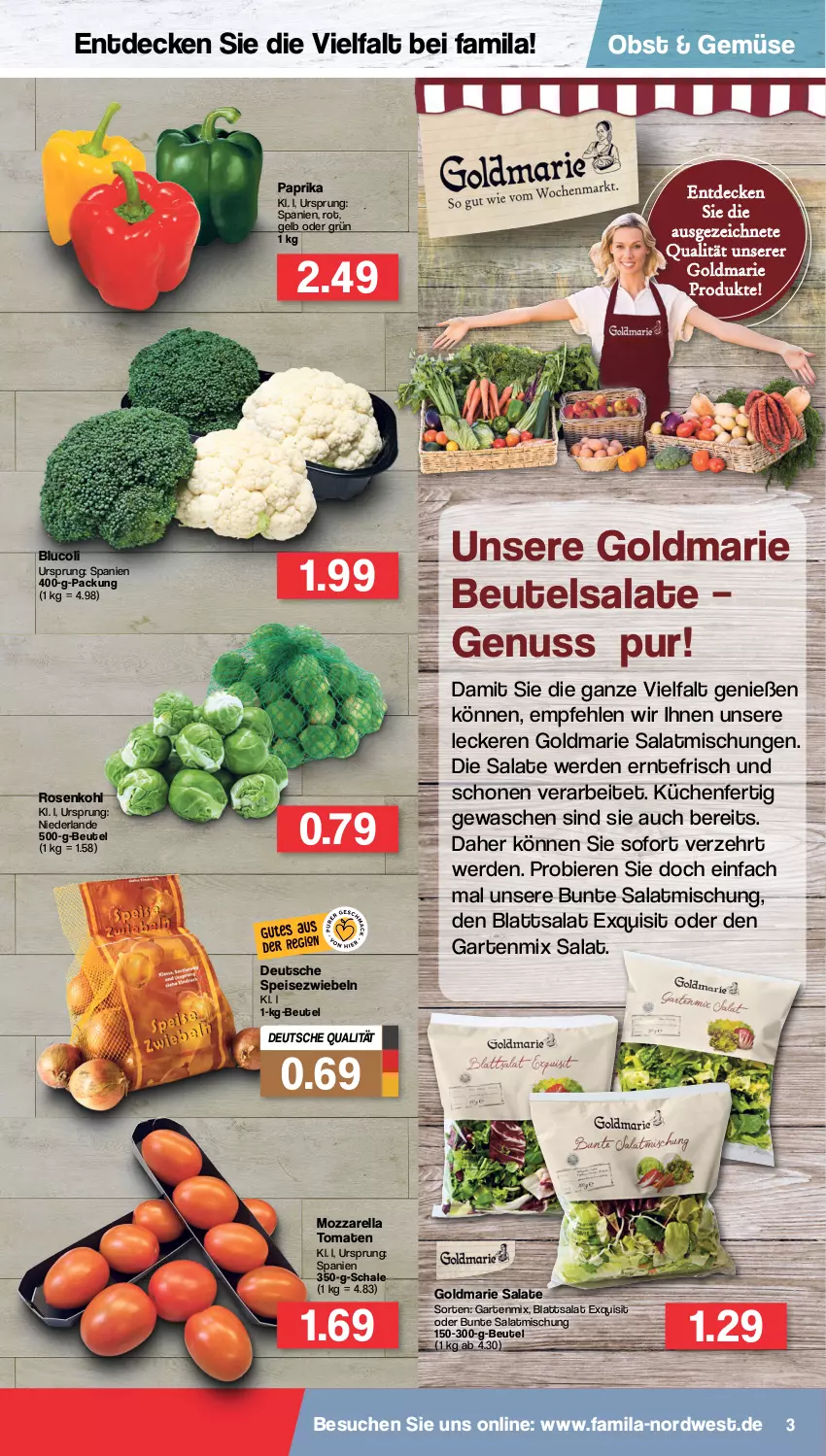 Aktueller Prospekt Famila - Prospekte - von 14.02 bis 19.02.2022 - strona 3 - produkty: beutel, bier, Biere, decke, eis, erde, Garten, goldmarie, küche, Küchen, mozzarella, nuss, obst, paprika, rel, rosen, Rosenkohl, salat, salate, Schal, Schale, Speisezwiebeln, Ti, tomate, tomaten, zwiebel, zwiebeln