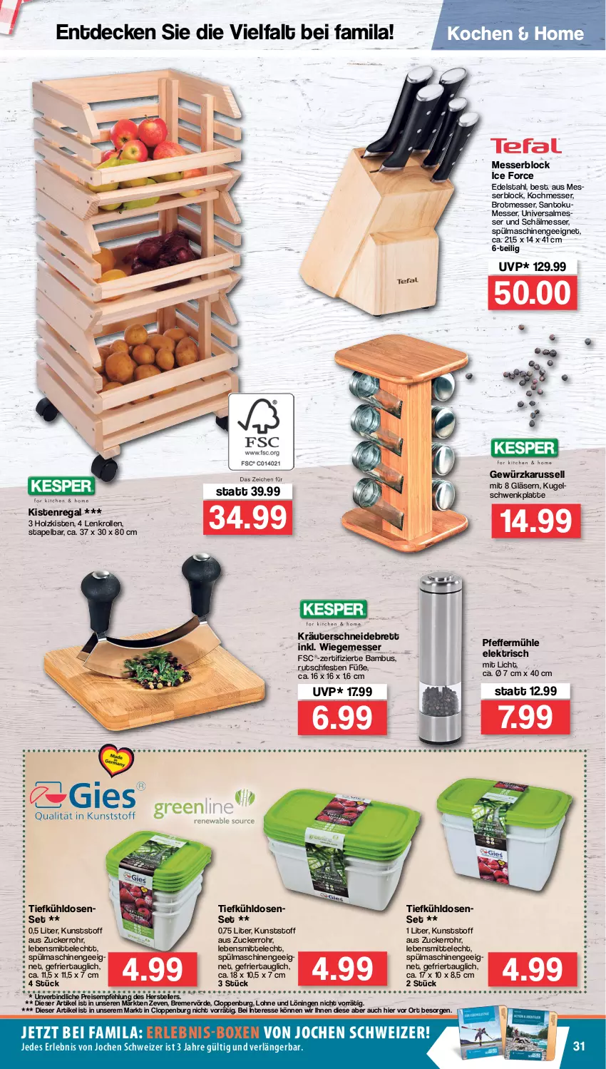 Aktueller Prospekt Famila - Prospekte - von 14.02 bis 19.02.2022 - strona 31 - produkty: bambus, brot, decke, edelstahl, eis, elle, gewürz, Gläser, Holz, kräuter, Kugel, latte, lebensmittel, messer, messerblock, pfeffer, Pfeffermühle, regal, reis, schneidebrett, spülmaschinen, teller, Ti, zucker