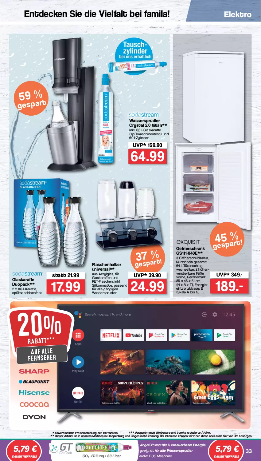 Aktueller Prospekt Famila - Prospekte - von 14.02 bis 19.02.2022 - strona 33 - produkty: auer, dauertiefpreis, decke, eis, Elektro, elle, fernseher, flasche, gefrierschrank, glaskaraffe, Karaffe, LG, passend für alle, pet-flasche, pet-flaschen, reis, Schrank, schubladen, spülmaschinen, teller, Ti, tiefpreis, türanschlag wechselbar, wasser, wassersprudler