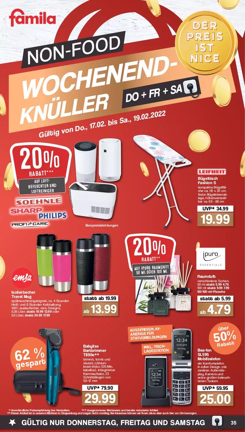 Aktueller Prospekt Famila - Prospekte - von 14.02 bis 19.02.2022 - strona 35 - produkty: akku, BaByliss, Becher, beispielabbildung, bügel, Bügeleisen, bügeltisch, eis, elle, flasche, Ipuro, isolierbecher, kamera, Leuchte, Luftbefeuchter, Luftreiniger, Raumduft, reiniger, reis, spülmaschinen, telefon, teller, Ti, tisch, travel mug