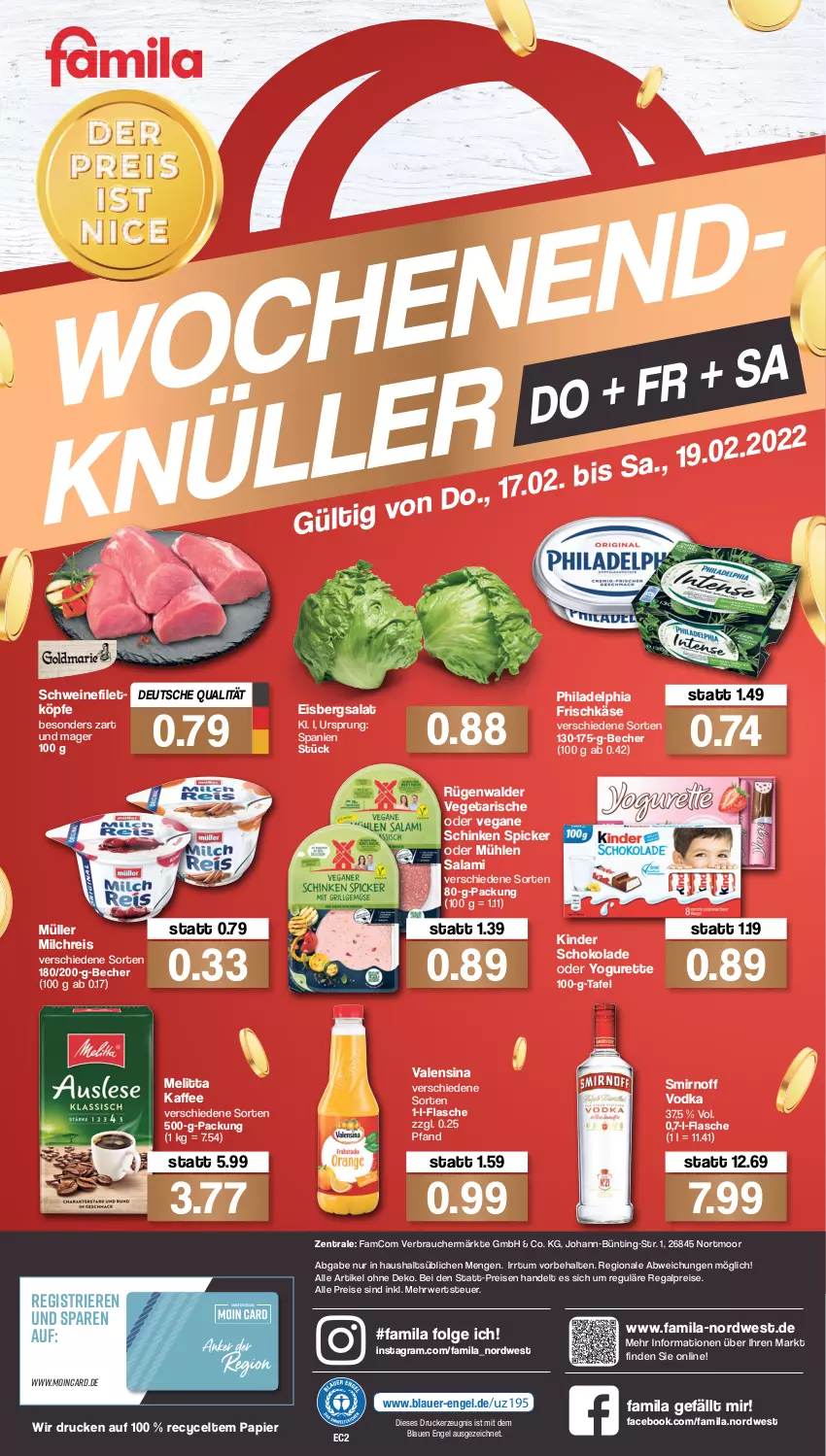 Aktueller Prospekt Famila - Prospekte - von 14.02 bis 19.02.2022 - strona 36 - produkty: auer, Becher, drucker, eis, eisbergsalat, Engel, filet, flasche, frischkäse, kaffee, Käse, kerze, Kinder, kinder schokolade, LG, melitta, milch, milchreis, Müller, oder yogurette, papier, philadelphia, Rauch, regal, reis, rügenwalder, rwe, salami, salat, schinken, schinken spicker, schoko, schokolade, schwein, schweine, schweinefilet, smirnoff, Ti, valensina, Vegeta, vodka, wein, weine, Yo, yogurette