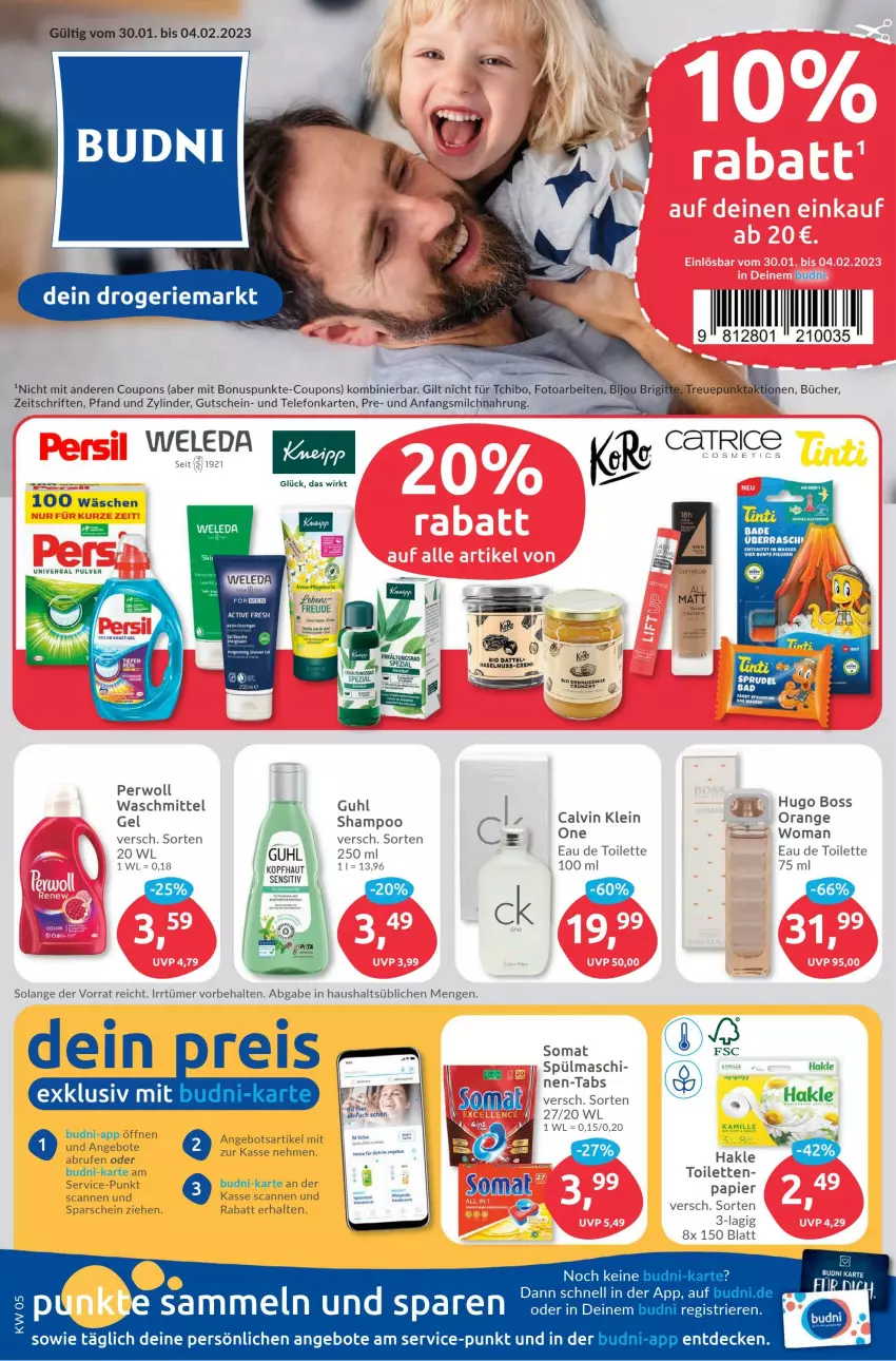 Aktueller Prospekt Budni - Prospekte - von 30.01 bis 04.02.2023 - strona 1 - produkty: angebot, angebote, Bad, boss, Brufen, calvin klein, coupon, coupons, decke, eau de toilette, eis, Guhl, gutschein, hakle, Heu, HP, hugo, hugo boss, Kamill, kamille, milch, orange, papier, perwoll, reis, shampoo, sim, somat, Tchibo, telefon, Ti, waschmittel, wasser