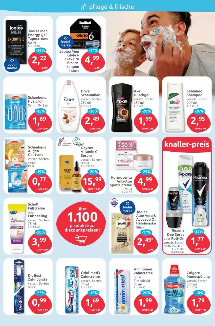 Aktueller Prospekt Budni - Prospekte - von 30.01 bis 04.02.2023 - strona 2 - produkty: aloe vera, asti, avocado, axe, axe duschgel, Bad, bürste, colgate, creme, deo, deo spray, dove, Dr. Best, duschgel, eis, hyaluron, LG, Maske, mundspülung, Odol, Peeling, Q10, rel, rexona, rezept, roll-on, rum, Schaebens, schaumbad, scholl, sebamed, Serum, shampoo, Spezi, spülung, tagescreme, Ti, tisch, vita, Vitamin C, zahnbürste, zahncreme