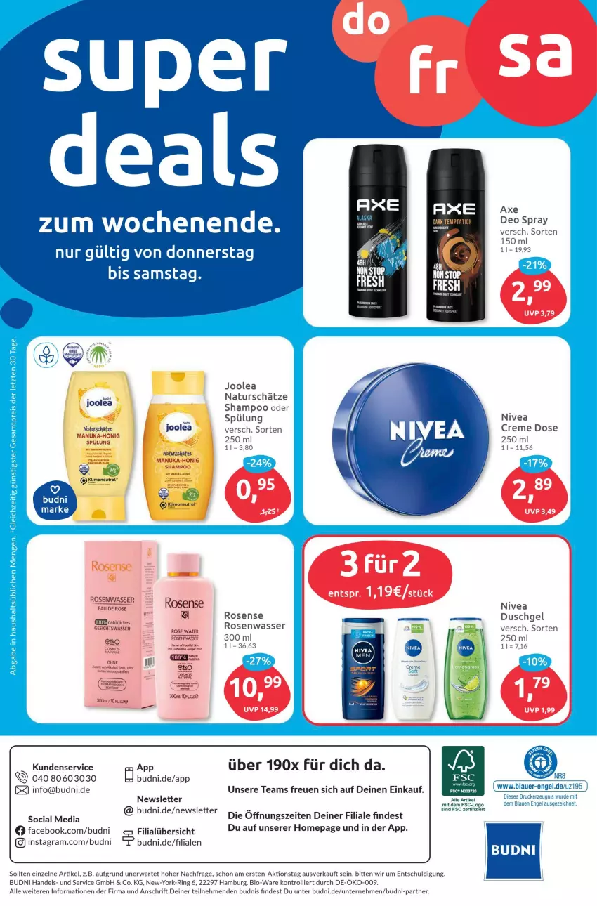 Aktueller Prospekt Budni - Prospekte - von 30.01 bis 04.02.2023 - strona 8 - produkty: auer, axe, Bad, bio, creme, deo, deo spray, drucker, duschgel, Engel, Gesichtswasser, honig, kerze, natur, nivea, nuk, Omep, ring, rosen, Rosenwasser, shampoo, shampoo oder spülung, spülung, Ti, trolli, wasser, Yo