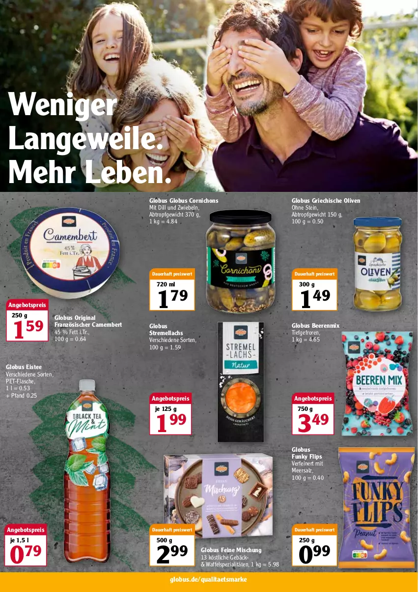 Aktueller Prospekt Globus - Prospekte - von 21.03 bis 26.03.2022 - strona 2 - produkty: angebot, angebotspreis, auer, beere, beeren, camembert, eis, eistee, flasche, gin, lachs, meersalz, olive, oliven, pet-flasche, reis, salz, Spezi, tee, Ti, zwiebel, zwiebeln