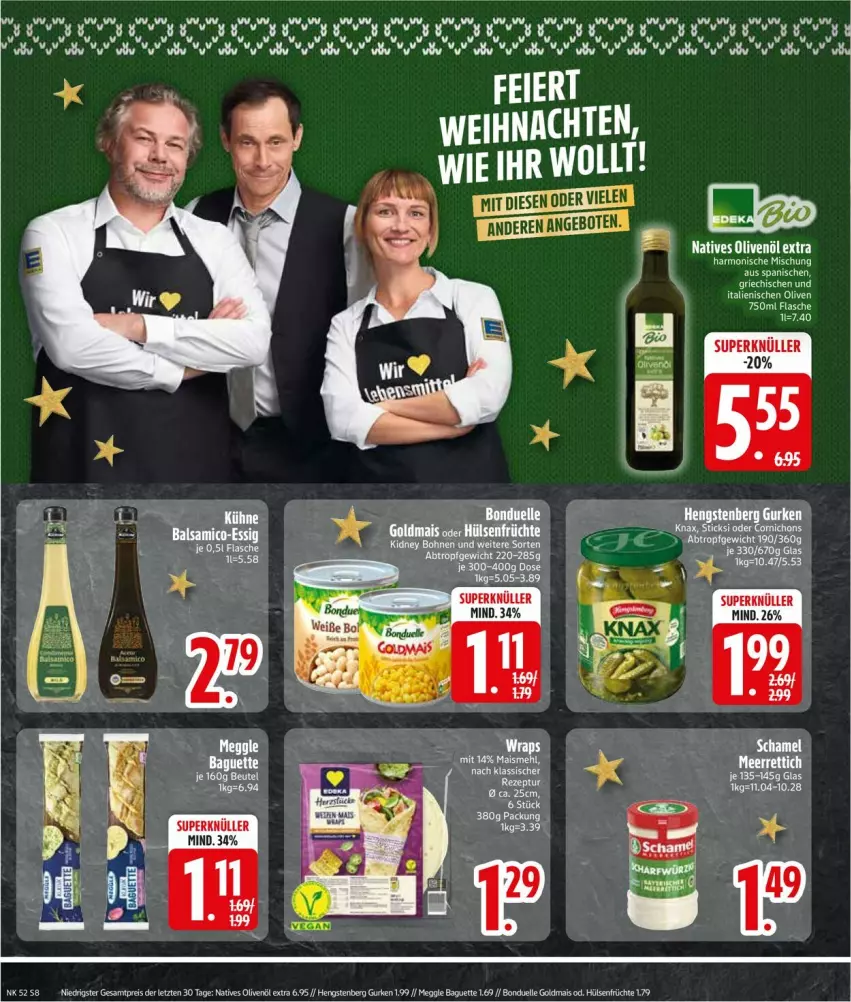 Aktueller Prospekt Edeka - Prospekte - von 23.12 bis 28.12.2024 - strona 10 - produkty: angebot, angebote, baguette, bonduelle, bonduelle goldmais, eier, eis, elle, früchte, Goldmais, gurke, gurken, hengstenberg, Hengstenberg Gurken, hülsenfrüchte, mais, meggle, natives olivenöl, olive, oliven, olivenöl, olivenöl extra, reis, senf, tee, Ti, weihnachten, Yo, ZTE