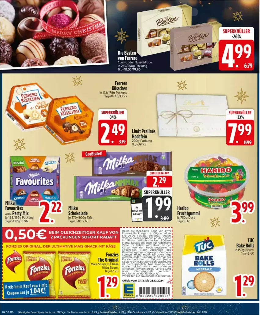 Aktueller Prospekt Edeka - Prospekte - von 23.12 bis 28.12.2024 - strona 12 - produkty: beutel, eis, ferrero, Ferrero Küsschen, frucht, fruchtgummi, gin, haribo, Käse, lindt, mais, milka, reis, schoko, schokolade, snack, tuc