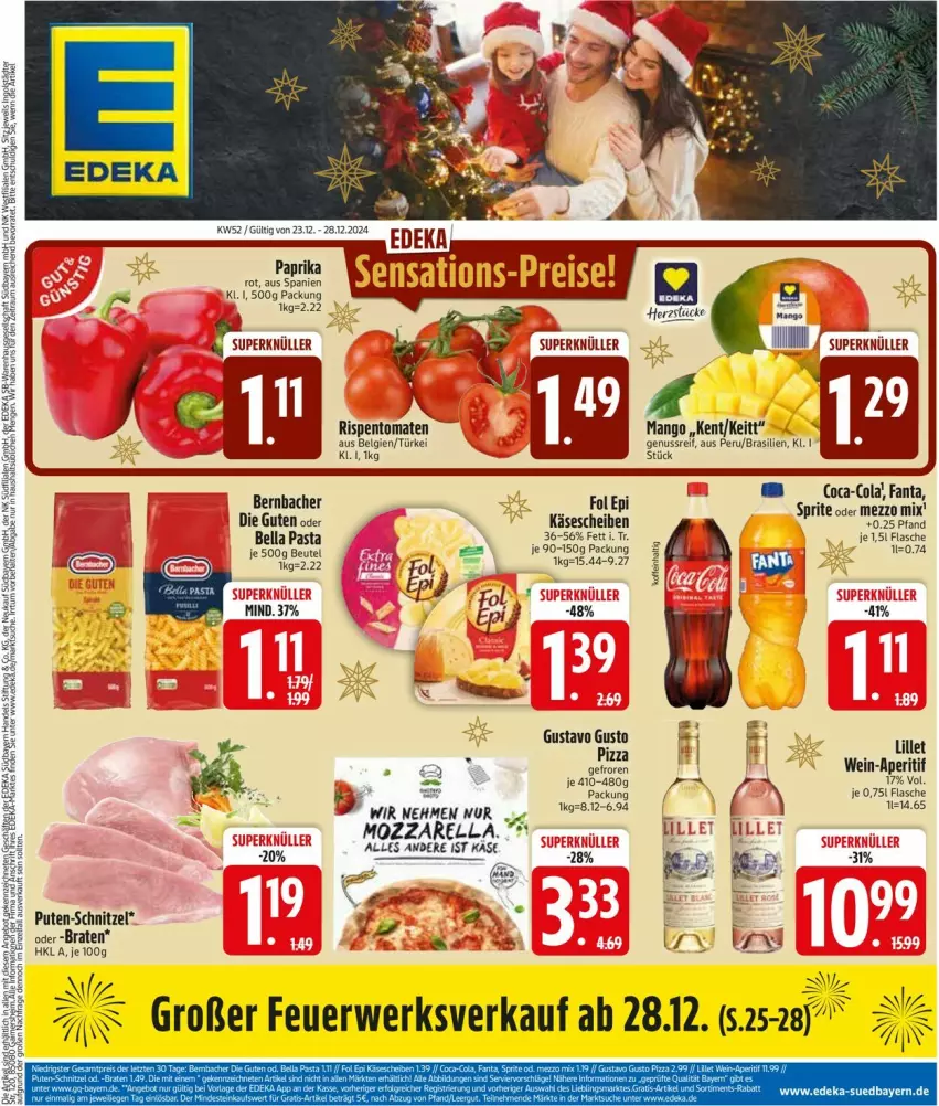 Aktueller Prospekt Edeka - Prospekte - von 23.12 bis 28.12.2024 - strona 3 - produkty: aperitif, bernbacher, coca-cola, cola, deka, fanta, flasche, fol epi, Käse, käsescheiben, LG, lillet, mango, Mezzo Mix, mozzarella, nuss, paprika, paprika rot, pasta, pute, rel, rispentomaten, rwe, schnitzel, sprite, Ti, tomate, tomaten, wein