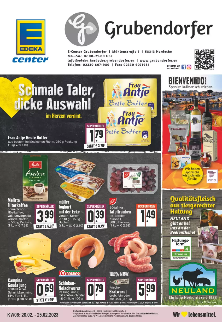 Aktueller Prospekt E Center - Angebote der Woche - von 20.02 bis 25.02.2023 - strona 1 - produkty: beste butter, butter, decke, deka, eis, ente, erde, fleisch, fleischwurst, frau antje, gouda, gouda jung, joghur, joghurt, Käse, knoblauch, LG, melitta, mit knoblauch, natur, ring, schnittkäse, tafeltrauben, tee, telefon, Ti, trauben, uhr, wurst, ZTE