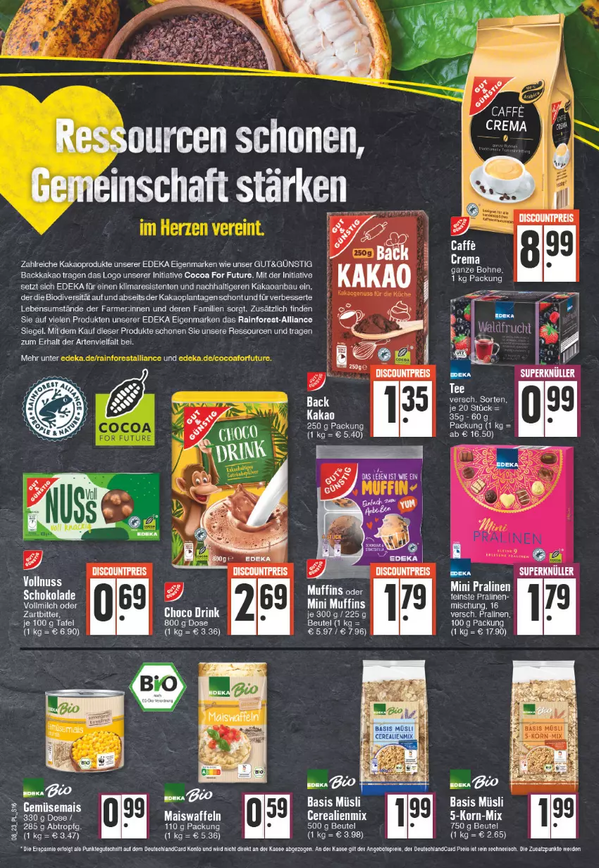 Aktueller Prospekt E Center - Angebote der Woche - von 20.02 bis 25.02.2023 - strona 16 - produkty: basis müsli, Bau, beutel, bio, bohne, deka, discount, eis, ente, kakao, LG, mais, Maiswaffeln, Maresi, milch, Muffin, muffins, müsli, nuss, pralinen, reis, schoko, schokolade, tee, Ti, vollmilch, waffeln