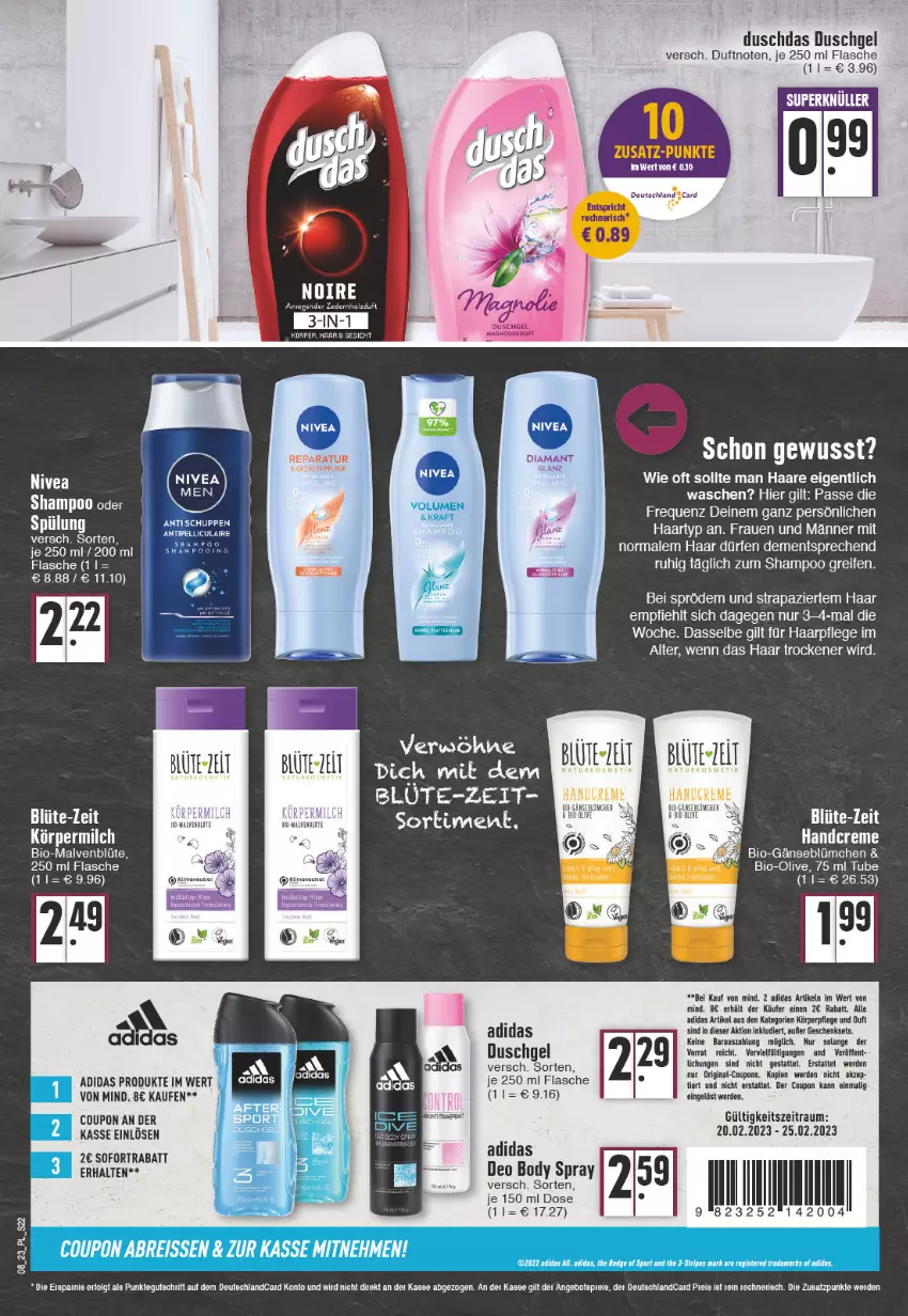 Aktueller Prospekt E Center - Angebote der Woche - von 20.02 bis 25.02.2023 - strona 22 - produkty: Adidas, angebot, angebote, bio, Blüte, body, coupon, coupons, creme, deo, duschdas, duschgel, Elan, erde, flasche, geschenkset, gin, haarpflege, handcreme, körperpflege, LG, milch, nivea, olive, reifen, shampoo, sofortrabatt, spülung, tee, Ti