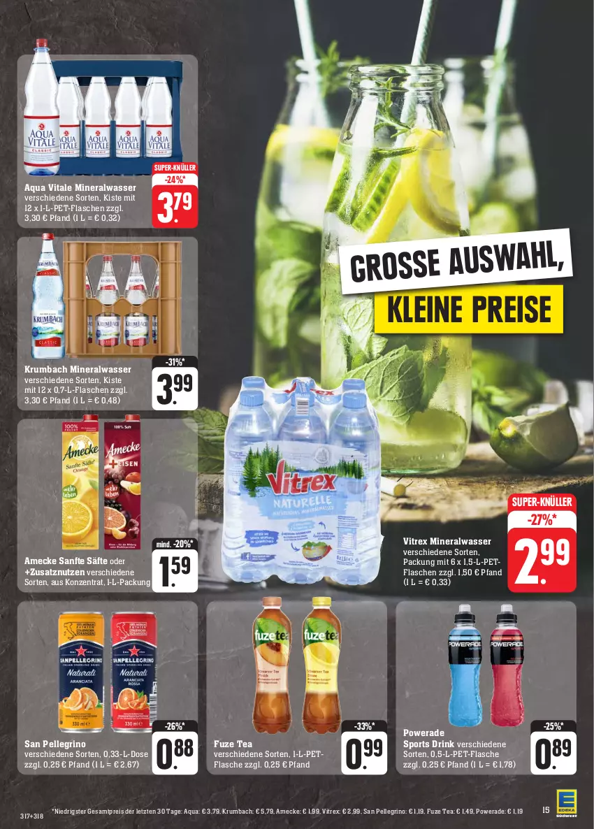 Aktueller Prospekt E Center - Angebote der Woche - von 18.09 bis 23.09.2023 - strona 17 - produkty: Alwa, amecke, aqua, drink, eis, elle, flasche, fuze tea, krumbach, leine, mineralwasser, pet-flasche, pet-flaschen, reis, rum, säfte, san pellegrino, Sport, super-knüller, vita, vitrex, wasser, ZTE