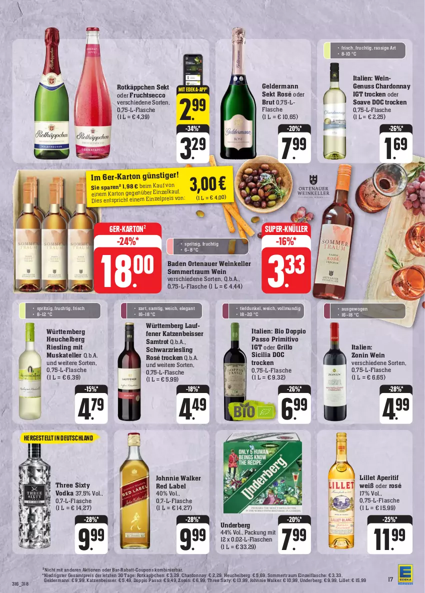 Aktueller Prospekt E Center - Angebote der Woche - von 18.09 bis 23.09.2023 - strona 19 - produkty: aperitif, auer, Bad, bio, brut, chardonnay, coupon, coupons, deka, doppio passo, ecco, eis, elle, flasche, frucht, fruchtsecco, geldermann, grill, grillo, Heu, johnnie walker, lillet, nuss, ortenauer, passo, primitivo, rabatt-coupon, reis, riesling, rotkäppchen, schwarzriesling, sekt, super-knüller, teller, Three Sixty, Ti, underberg, vodka, wein, zonin, ZTE