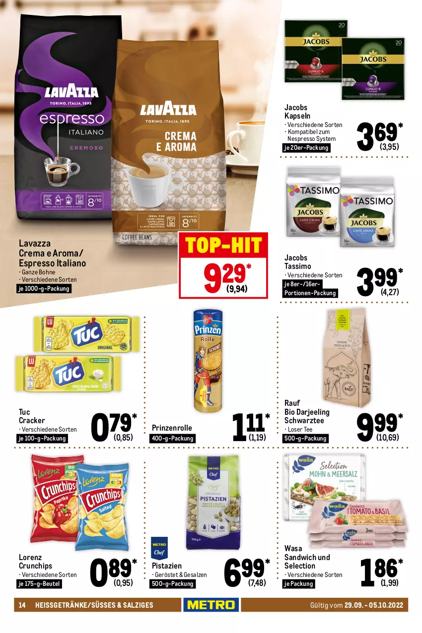 Aktueller Prospekt Metro - Food - von 29.09 bis 05.10.2022 - strona 14 - produkty: angebot, angebote, Bad, bag-in-box, beutel, bio, bohne, bree, champagne, champagner, chardonnay, chips, cracker, crunchips, cuvée, decke, ecco, eis, espresso, fisch, flasche, frizzante, frucht, getränk, getränke, honig, honigmelone, jacobs, jacobs tassimo, kabinett, La Gioiosa, lavazza, lorenz, lorenz crunchips, mac, melone, Müller, nespresso, nuss, Oberbergener Baßgeige, Palette, pistazien, prinzenrolle, prosecco, rotkäppchen, salz, sandwich, sekt, sim, tassimo, tee, tempranillo, Ti, top-hit, tuc, wasa, wein, ZTE