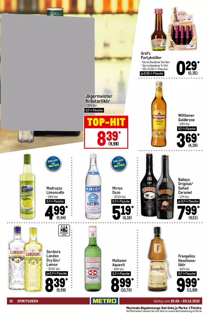 Aktueller Prospekt Metro - Food - von 29.09 bis 05.10.2022 - strona 16 - produkty: alkohol, alkoholfreie getränke, Alwa, aqua, aquavit, baileys, bier, caramel, drink, dry gin, eis, energy drink, flasche, frangelico, Germ, getränk, getränke, gin, goldkrone, gordon, haselnuss, Hefe, hefeweizen, heineken, jägermeister, kräuter, kräuterlikör, krone, likör, limo, london dry, london dry gin, malteser, Meister, mineralwasser, nuss, ouzo, Palette, pepsi, pils, red bull, schöfferhofer, spirituosen, steiner, störtebeker, Ti, top-hit, warsteiner, wasser, wilthener, Wilthener Goldkrone