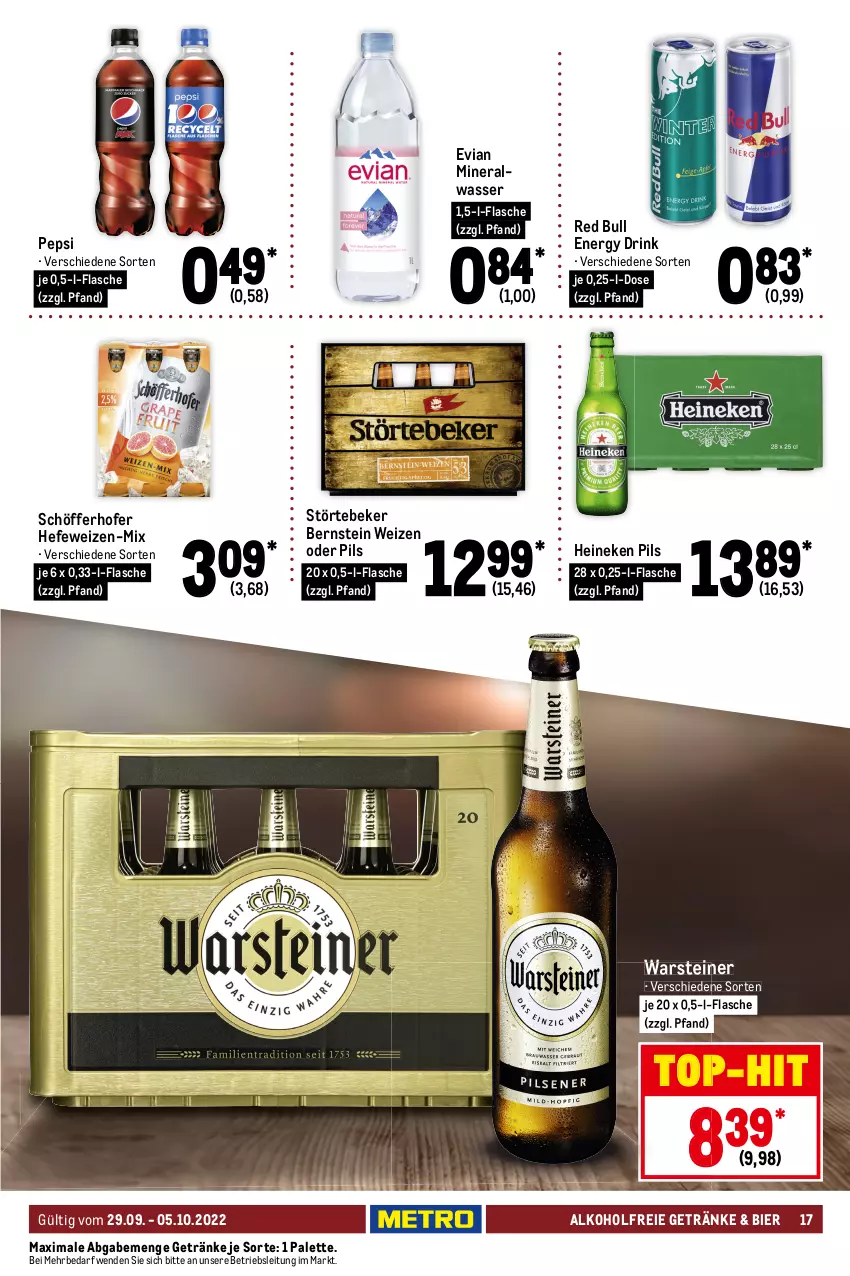 Aktueller Prospekt Metro - Food - von 29.09 bis 05.10.2022 - strona 17 - produkty: alkohol, alkoholfreie getränke, Alwa, aqua, aquavit, baileys, bier, caramel, drink, dry gin, eis, energy drink, flasche, frangelico, Germ, getränk, getränke, gin, goldkrone, gordon, haselnuss, Hefe, hefeweizen, heineken, jägermeister, kräuter, kräuterlikör, krone, likör, limo, london dry, london dry gin, malteser, Meister, mineralwasser, nuss, ouzo, Palette, pepsi, pils, red bull, schöfferhofer, spirituosen, steiner, störtebeker, Ti, top-hit, warsteiner, wasser, wilthener, Wilthener Goldkrone