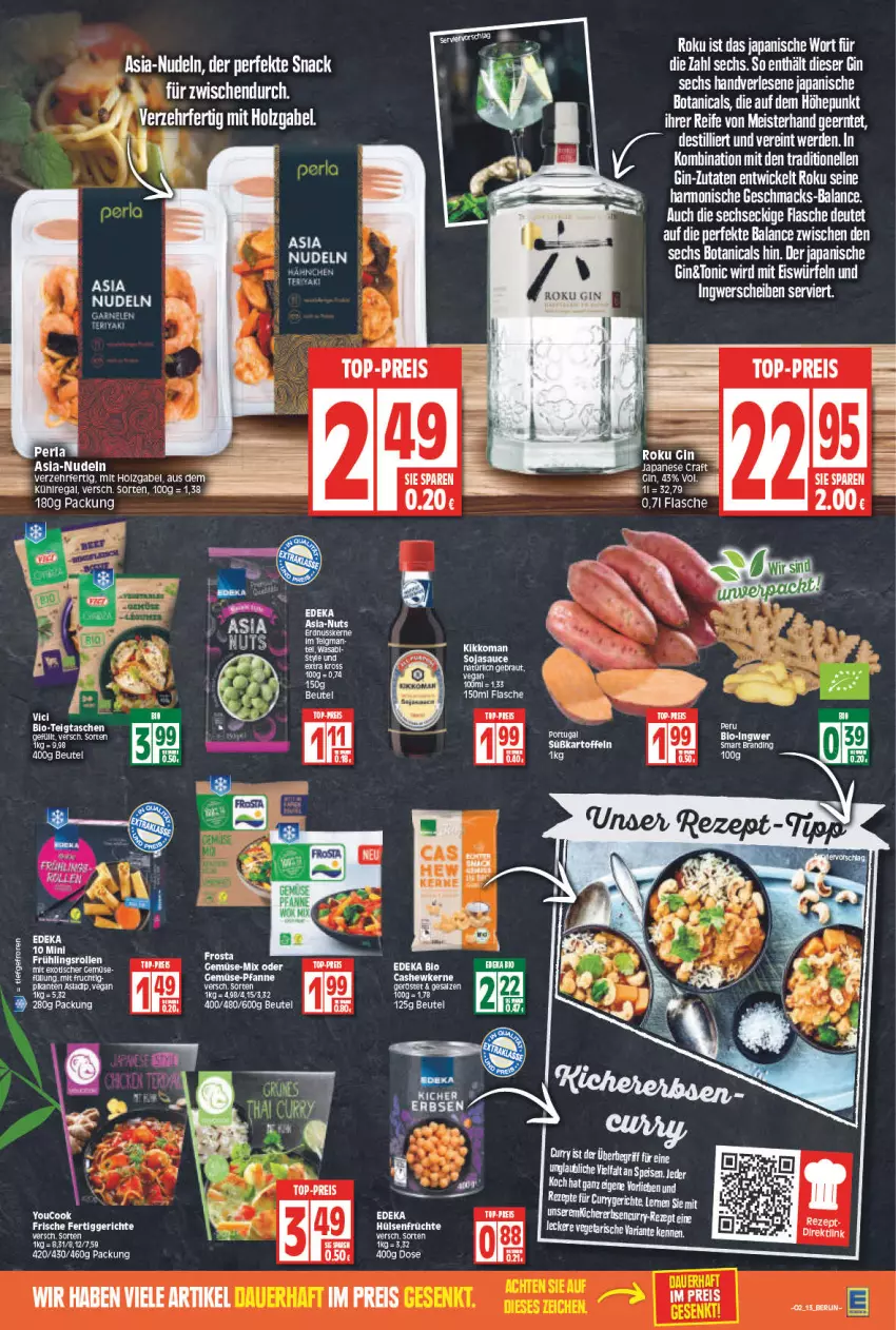 Aktueller Prospekt Edeka - Angebote der Woche - von 10.01 bis 15.01.2022 - strona 13 - produkty: beutel, bio, Cashew, cashewkerne, eis, elle, ente, erde, flasche, gabel, gemüse-pfanne, gin, Holz, mac, Meister, nudel, nudeln, perla, pfanne, regal, reis, salz, sauce, snack, soja, sojasauce, Tasche, taschen, tee, Ti, top-preis, WICK