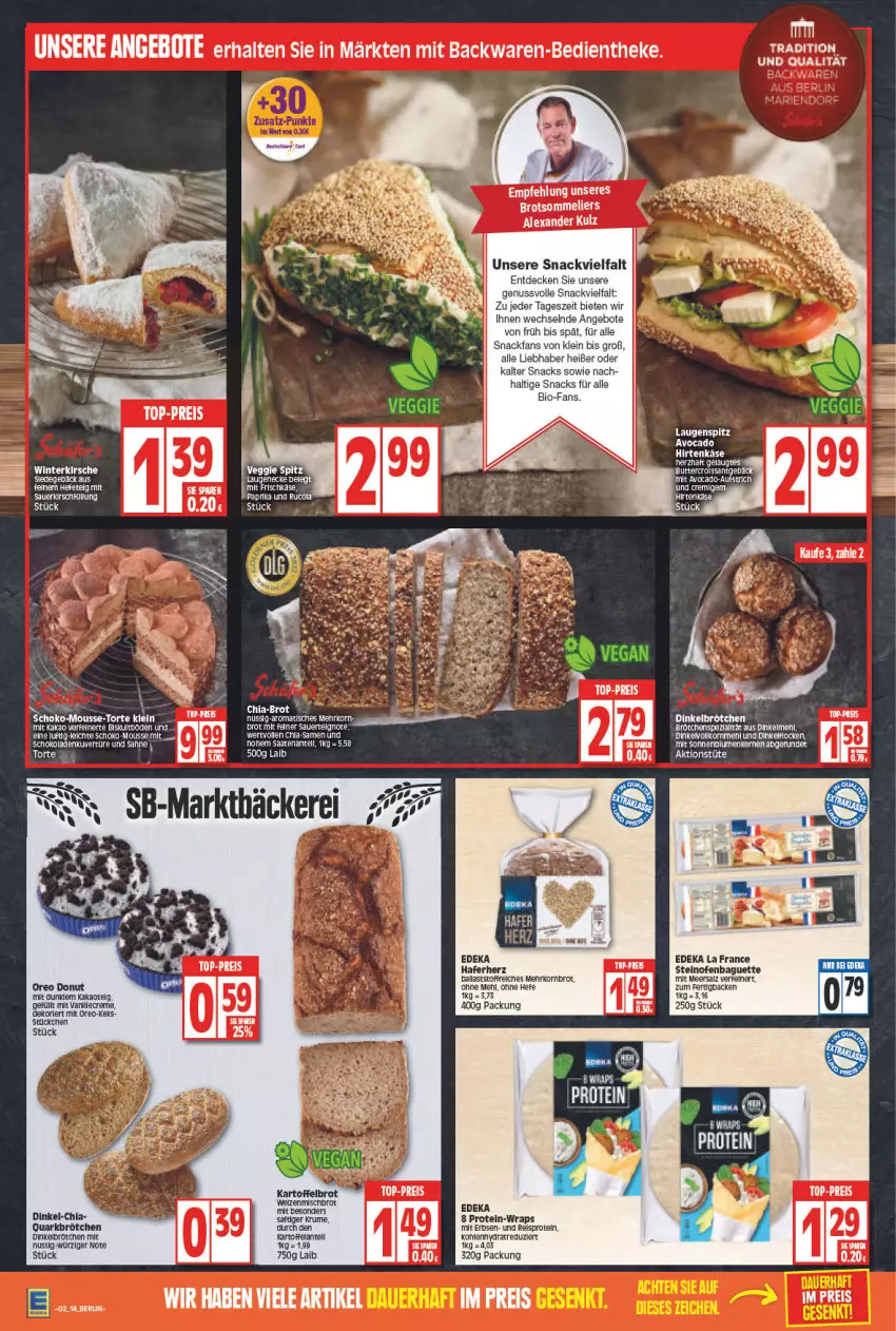 Aktueller Prospekt Edeka - Angebote der Woche - von 10.01 bis 15.01.2022 - strona 14 - produkty: ACC, alexa, angebot, angebote, auer, aufstrich, avocado, backwaren, baguette, ball, bio, blume, blumen, brot, brötchen, butter, chia, cola, creme, decke, deka, dinkelbrötchen, dinkelmehl, eier, eis, Elan, ente, erbsen, hafer, Hefe, kakao, kartoffel, Kartoffelbrot, keks, kirsch, kirsche, korn, Kornbrot, LG, meersalz, mehl, nuss, Ofen, oreo, paprika, quark, reis, rel, rucola, rum, salz, snack, snacks, sonnenblume, sonnenblumen, Sonnenblumenkerne, sonnenblumenkernen, steinofen, tee, Ti, torte, Tüte, veggie, wrap, wraps