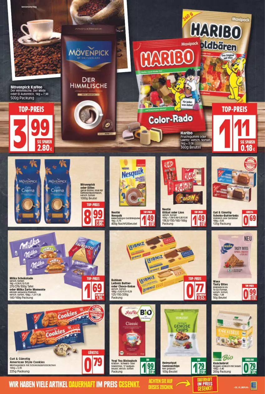 Aktueller Prospekt Edeka - Angebote der Woche - von 10.01 bis 15.01.2022 - strona 15 - produkty: auto, bahlsen, beutel, bio, bites, bohne, brot, butter, butterkeks, chips, cookie, cookies, ente, frucht, fruchtgummi, getränk, getränke, gewürz, kaffee, kakao, keks, kekse, korn, kräuter, leibniz, lion, milka, milka schokolade, mövenpick, mövenpick kaffee, nesquik, pralinen, salz, schoko, schokolade, schokoladen, sesam, tee, Ti, tomate, tomaten, vollautomaten, Yo, ZTE