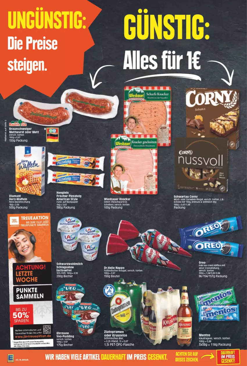 Aktueller Prospekt Edeka - Angebote der Woche - von 10.01 bis 15.01.2022 - strona 16 - produkty: auer, backmischung, Bau, Bauer, Becher, beutel, bier, cerealien, corny, ehrmann, eier, eis, elle, erdnuss, flasche, fleisch, fleischwurst, henglein, keks, knacker, Mett, milch, müsli, nuss, reis, riegel, schoko, Schwartau, tee, Ti, vollmilch, wiesbauer, wurst