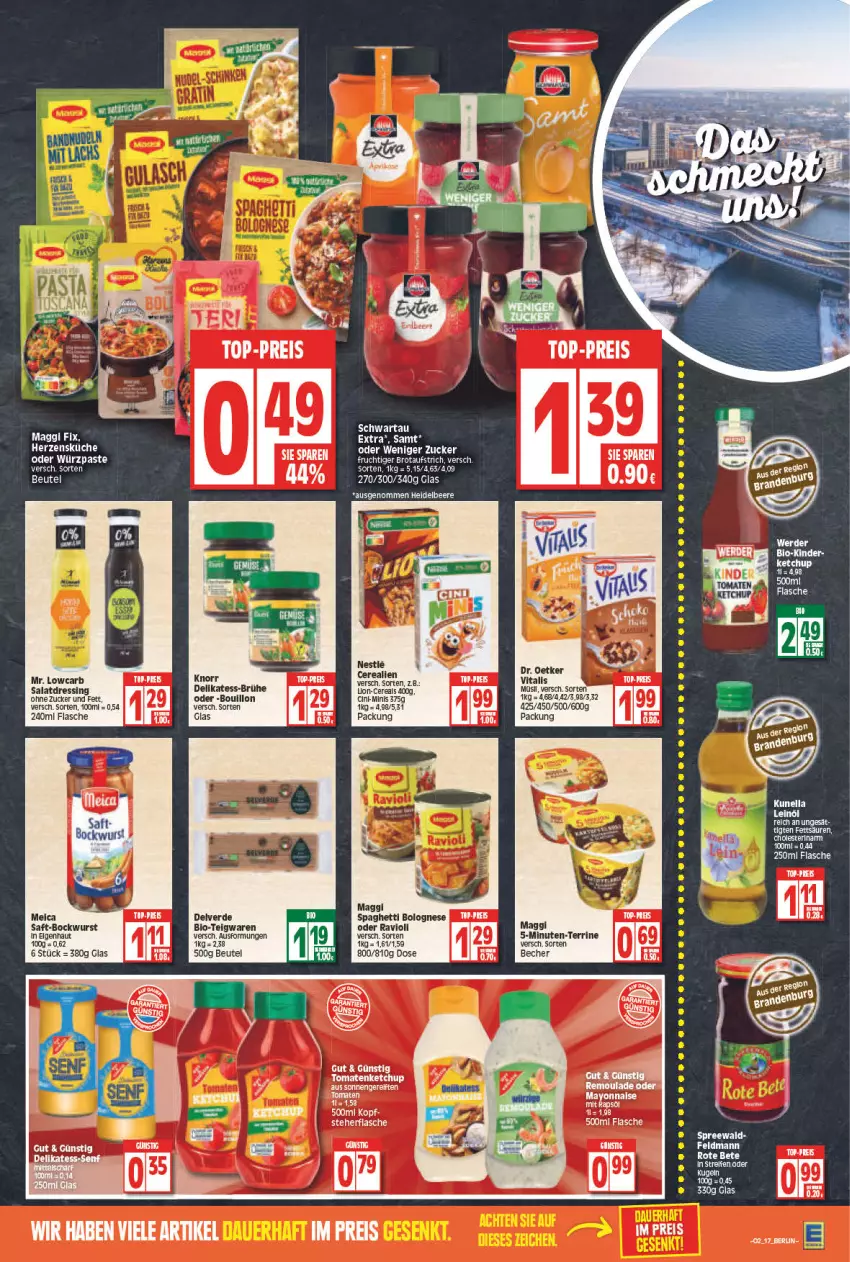 Aktueller Prospekt Edeka - Angebote der Woche - von 10.01 bis 15.01.2022 - strona 17 - produkty: aufstrich, ball, Becher, beere, beutel, bio, bockwurst, bolognese, brot, brotaufstrich, Brühe, cerealien, cereals, cin, dell, Dr. Oetker, dressing, eis, elle, ente, erde, flasche, frucht, heidelbeere, ketchup, leinöl, LG, maggi, maggi fix, mayonnaise, meica, ravioli, reis, remoulade, saft, salat, salatdressing, spaghetti, spaghetti bolognese, teigwaren, terrine, Ti, tomate, tomaten, tomatenketchup, vita, vitalis, wurst, Yo, zucker