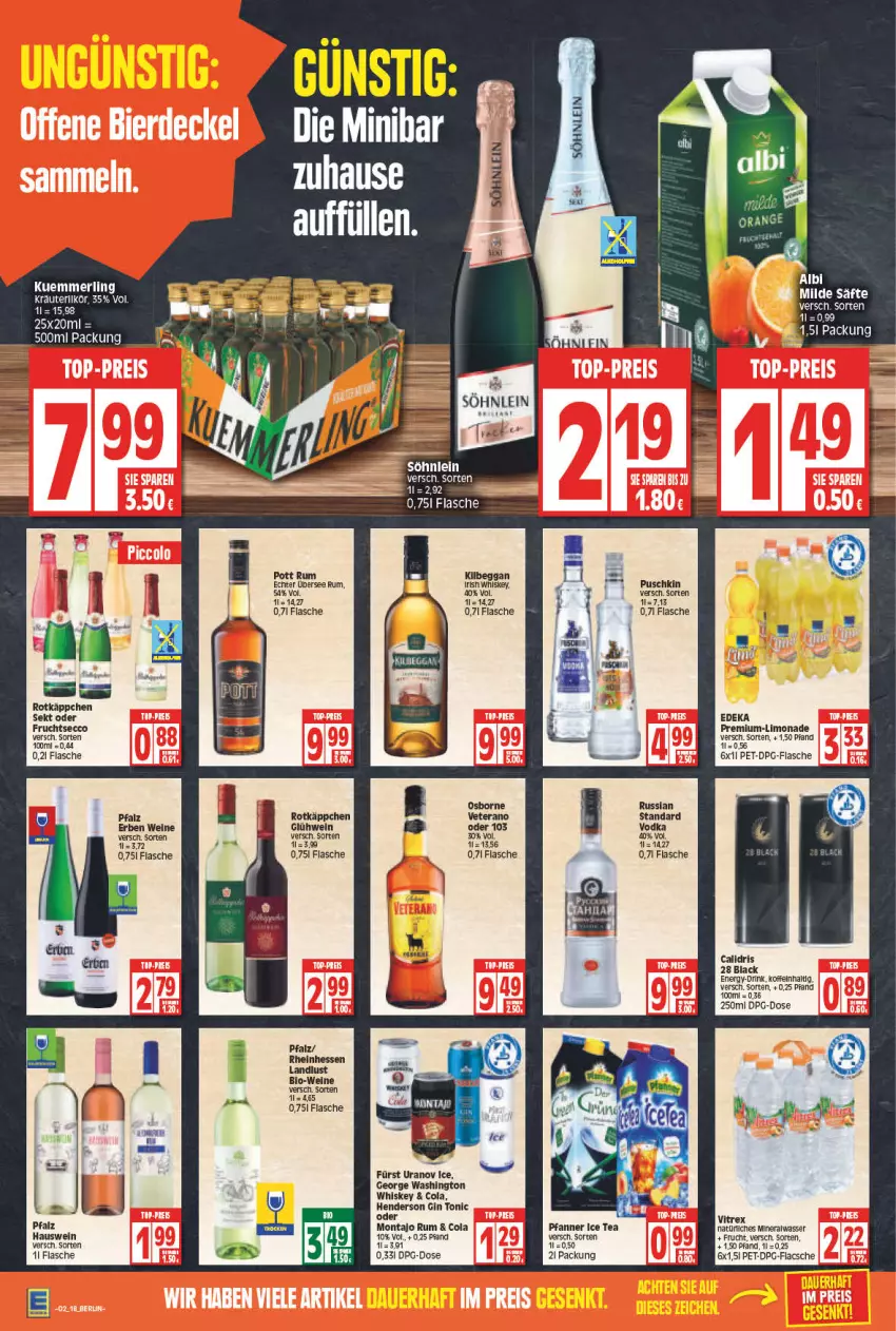 Aktueller Prospekt Edeka - Angebote der Woche - von 10.01 bis 15.01.2022 - strona 18 - produkty: Alwa, bio, Bio-Wein, cola, deka, drink, ecco, enders, flasche, frucht, fruchtsecco, gin, Glühwein, ice tea, irish whiskey, kräuter, kräuterlikör, kuemmerling, lack, likör, limo, limonade, merl, mineralwasser, natürliches mineralwasser, osborne, pfanne, Pfanner, rotkäppchen, rum, säfte, sekt, söhnlein, Ti, tonic, veterano, vitrex, wasser, wein, weine, whiskey