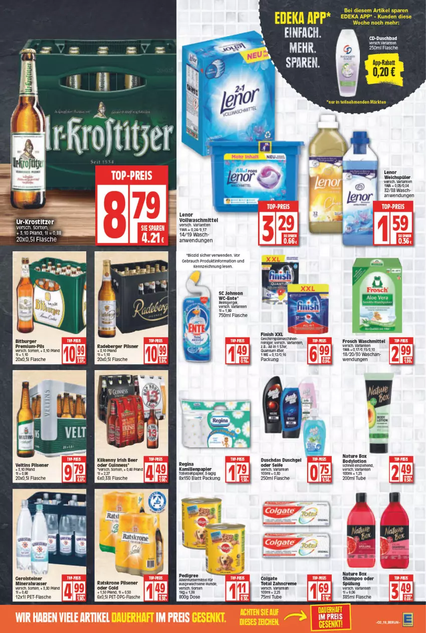 Aktueller Prospekt Edeka - Angebote der Woche - von 10.01 bis 15.01.2022 - strona 19 - produkty: alleinfuttermittel, aloe vera, Alwa, arla, Bad, Berger, bio, bitburger, body, bodylotion, burger, colgate, creme, duschbad, duschdas, duschgel, ente, Finish, flasche, Frosch, gerolsteine, gerolsteiner, geschirr, gin, Guinness, Kamill, kamille, krone, lenor, lenor weichspüler, LG, Lotion, mineralwasser, natur, nature box, pedigree, pet-flasche, pils, pilsener, pilsner, radeberger, radeberger pilsner, Rana, Rauch, reiniger, rwe, Seife, shampoo, spülung, steiner, tee, Ti, veltins, veltins pilsener, vollwaschmittel, waschmittel, wasser, weichspüler, zahncreme